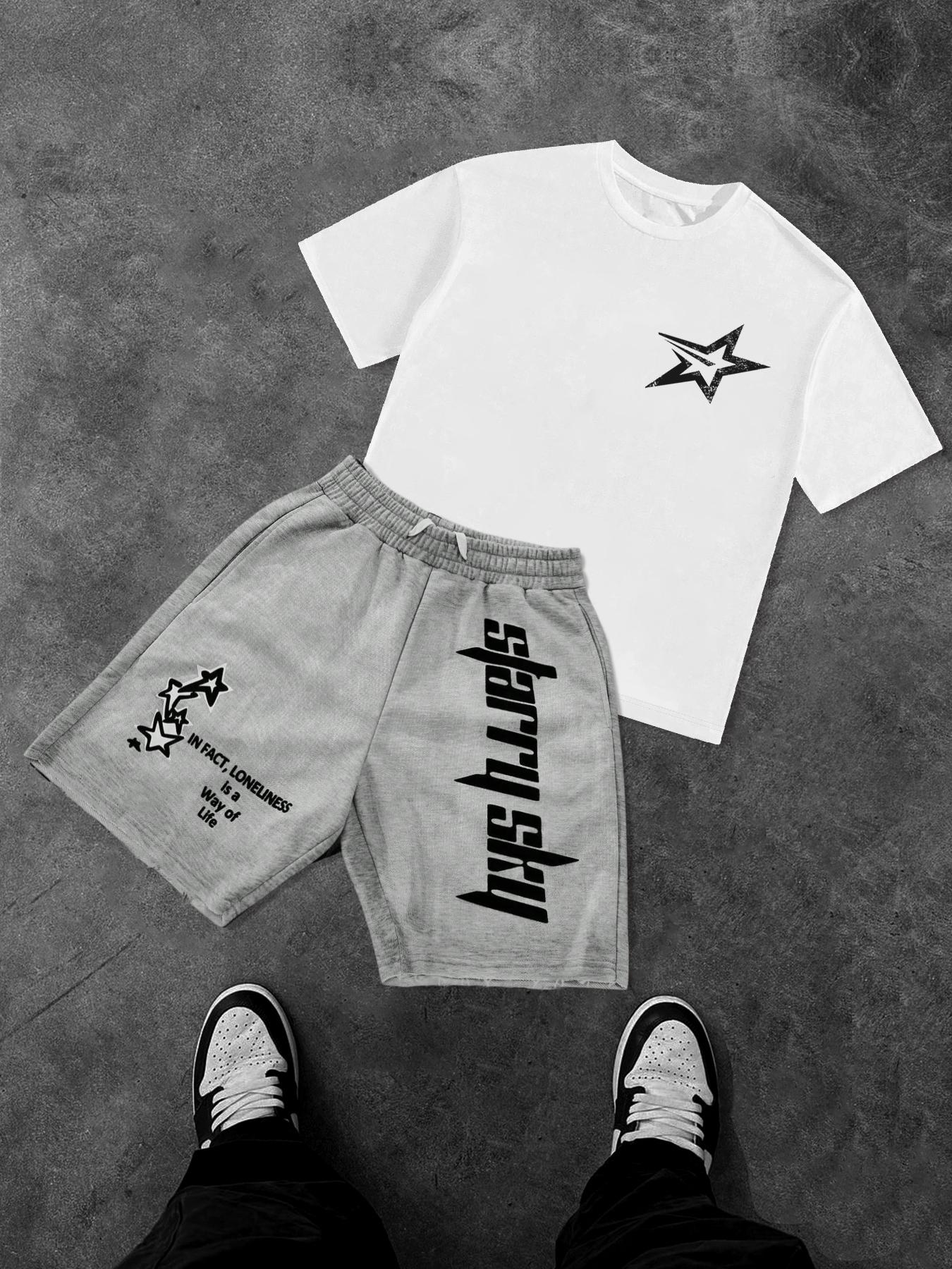 Two-Piece Set Men's Star Print Knit Short Sleeve Tee & Drawstring Waist Shorts Set, Regular Fit Casual Round Neck T-shirt & Track Shorts, Men's Summer Clothes