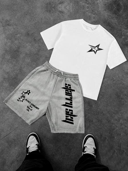 Two-Piece Set Men's Star Print Short Sleeve Tee & Drawstring Waist Shorts Set, Regular Fit Casual Round Neck T-shirt & Track Shorts, Men's Summer Clothes
