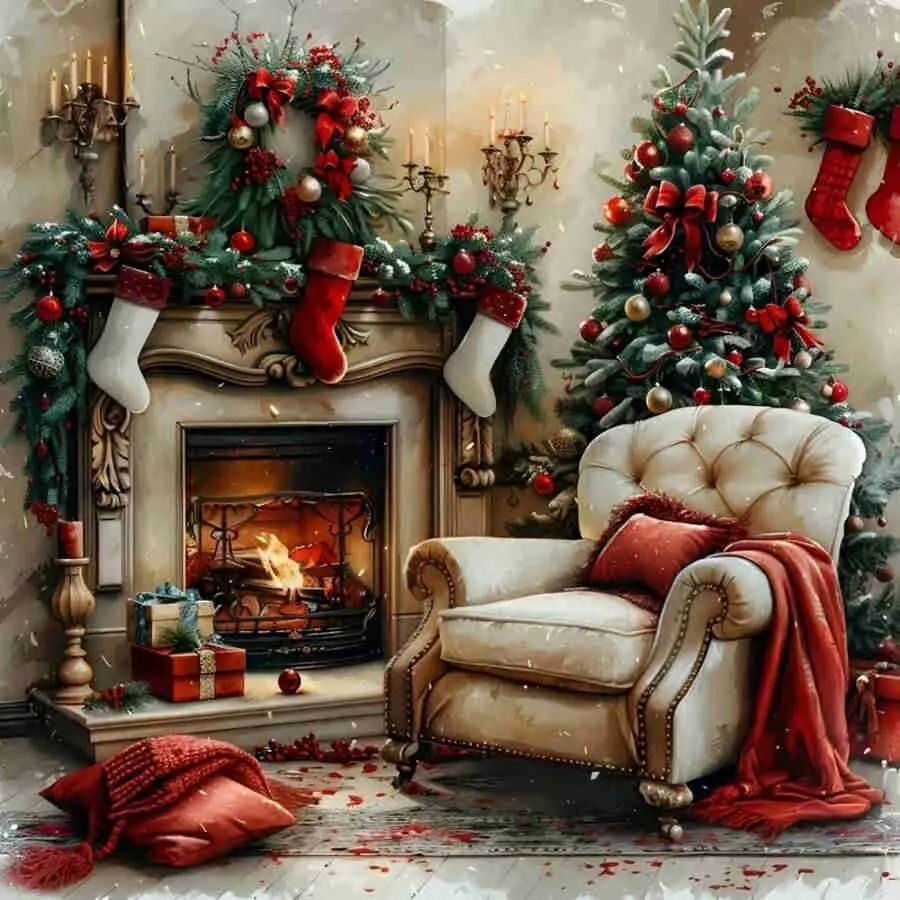 5D DIY Diamond Painting Kit Christmas Fireplace Sofa Christmas Tree Stockings Winter Home Scene Art Full Round & Square Drill Rhinestone Mosaic Cross Stitch Handmade Wall Art Home Decor Gift