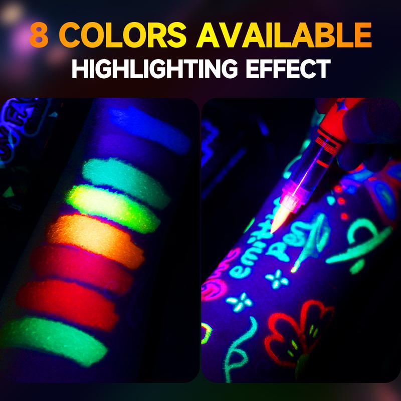 Temporary Tattoo Pens,Halloween Makeup Glow in The Dark Face Paint Markers 8 Colors, With Stencils, UV Neon Body Paint Pen for Skin Glow Under Black Light, Washable