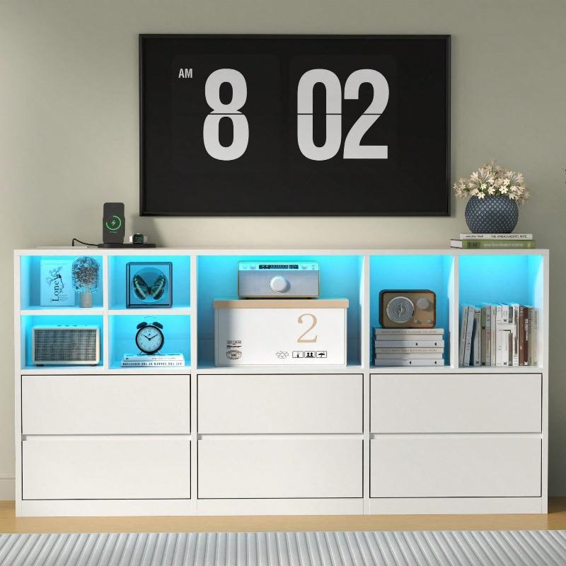 White / Black 6 Drawers Dresser With 7 Storage Cubbies, Chest Of Drawers With Power Outlet And LED Lights, 63" Triple Wide Long Dresser Organizer For Bedroom, Modern Dresser With Open Shelf For Living Room Wardrobe Cabinet