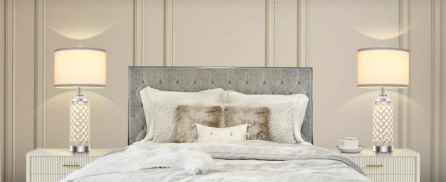 Table Lamps Set of 2 with LED Night Light, Nightstand Lamps with USB A+C Charging Ports, 24 inch Silver Crystal Bedside Lamps for Livingroom, Office, Study Room, Guest Room