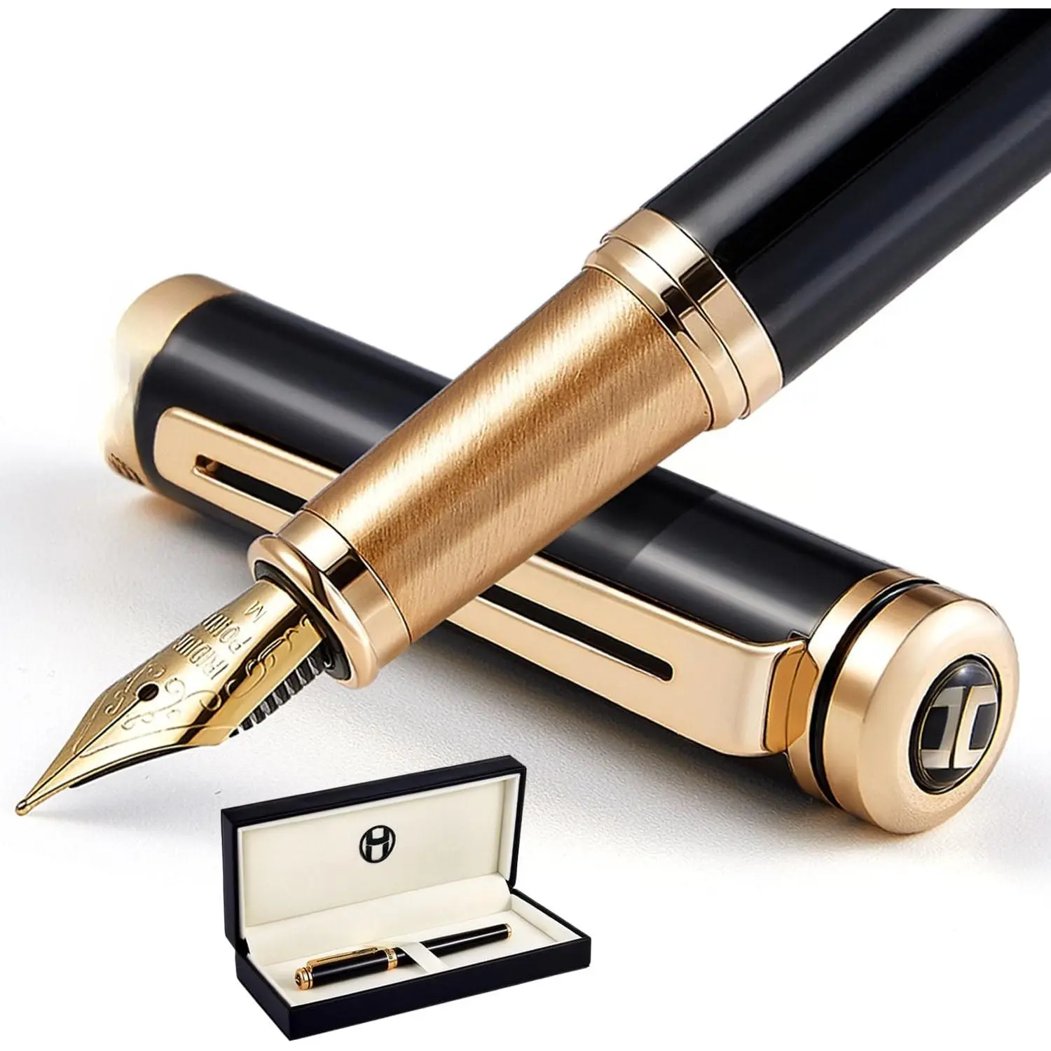 Black Luxury Fountain Pen Set for Men and Women with  Box, 24K  Finish and Gilded Nib(Medium) with 5 Black Ink Cartridges and Converter