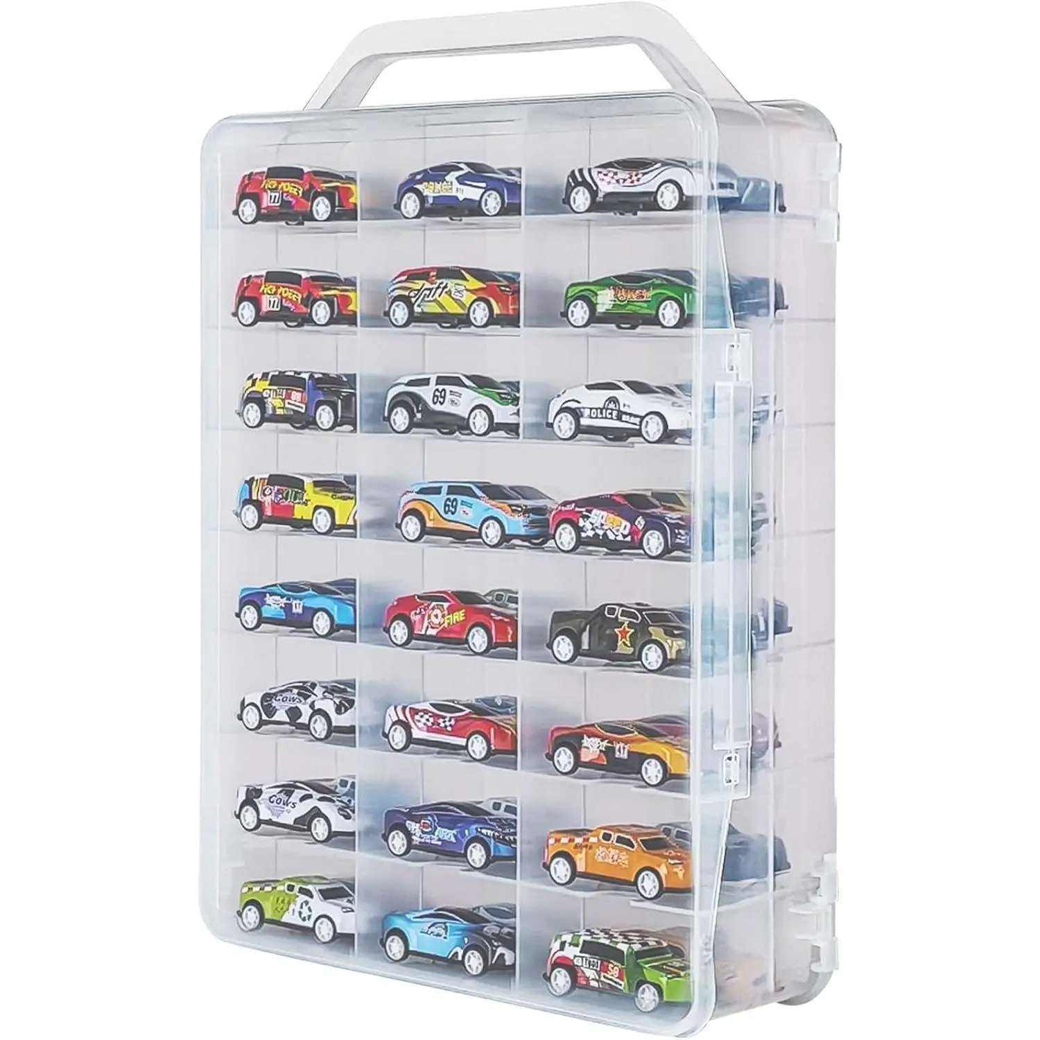 Portable Transparent Double Sided Storage Case - 48 Compartments for Toy Cars, Matchbox Cars, 1:64 Scale Model Cars, with Handle (Case Only)