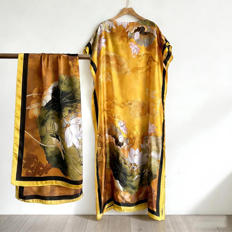 Floral Print Dress with Scarf, Elegant Casual Robe Dress, Loose Fitting Long Maxi Skirt with Short Sleeves, Women's Summer Lounge Wear Two Piece Set