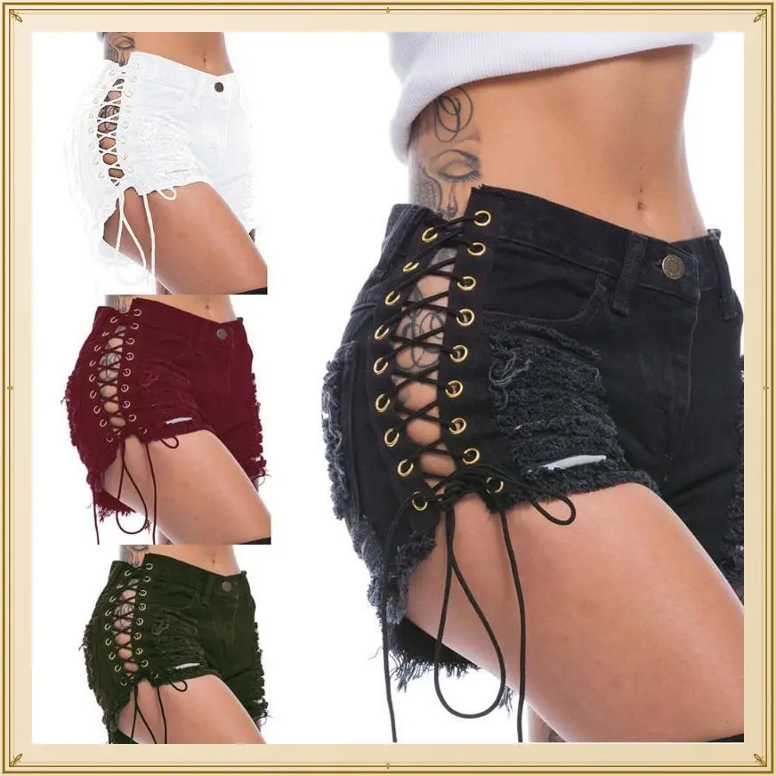 Side-Ripped Stretch Shorts |       Summer Hotpants |       Denim Cuts |       Adjustable Grommet Belt & Butt-Lifting Womenswear Apparel