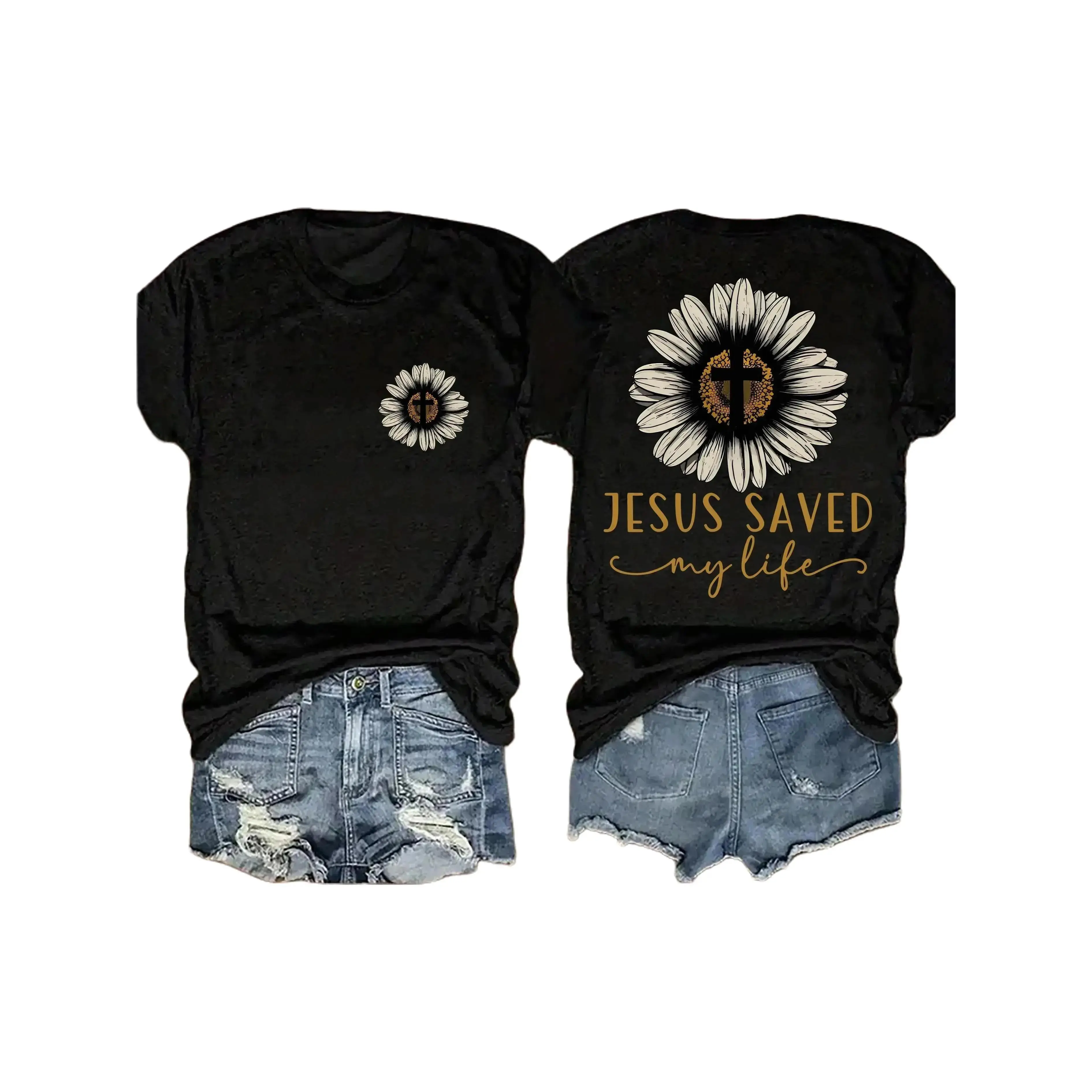 Women's Jesus Saved My Life Flower Cross Printed Essential Everyday Shortsleeve Sports Top - Seamless Smooth Solid Cotton Casual Round Neck Comfortable Fit Shirt, White with Black & Gold Pattern, Spring Summer Wear, Loose