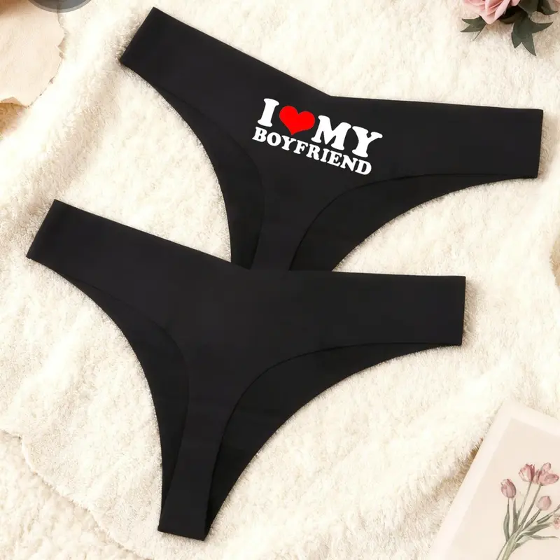 2-Pack Women's Seamless Thong, Lightweight High-Stretch Quick-Dry Panties, Solid Color and Letter Print, Casual Style Intimates for All Seasons