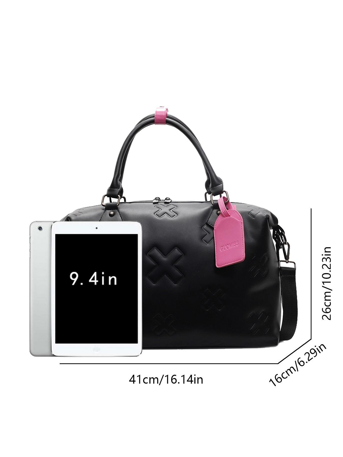 Cross Embossed Handbag, Contrasting Color Design, Portable Single-shoulder Commuting Large-capacity Boston Bag, Single-shoulder Crossbody Multi-purpose Commuter Bag, Suitable for Short-distance Travel, Sports and Fitness, Elegant Embossed Bag