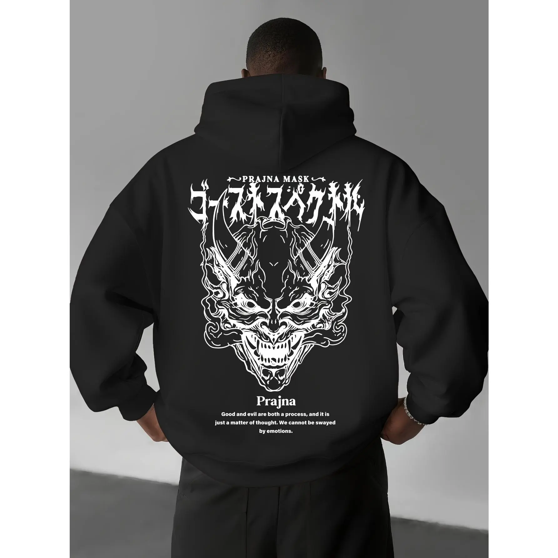 Men's Casual Sporty Streetwear Shura Mask Hand-Drawn Pattern Print Warm Hooded Sweatshirt