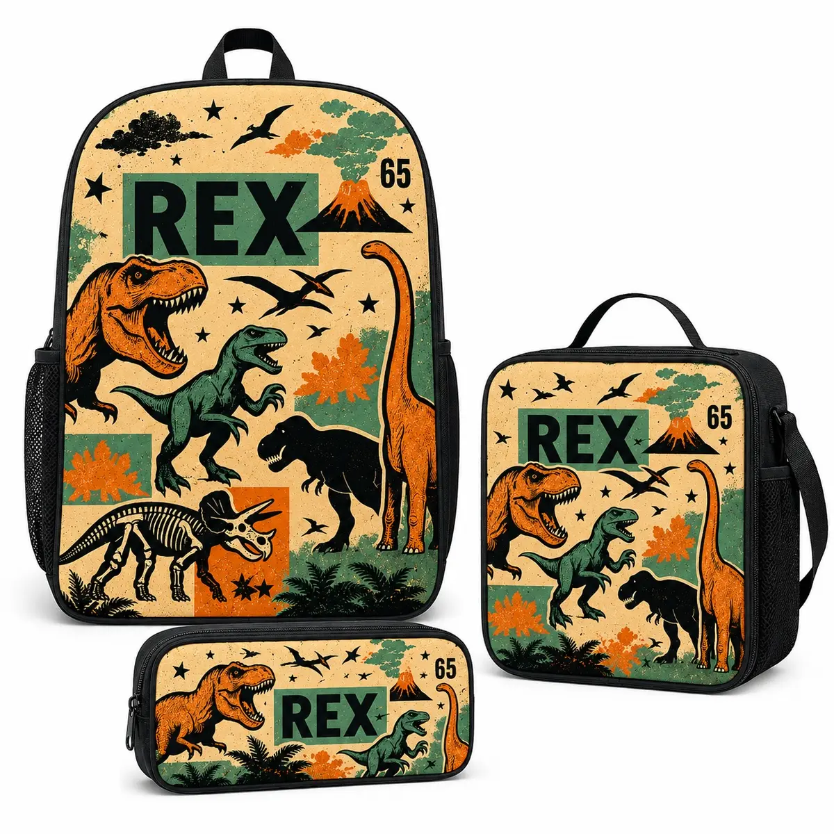 3-Piece T-Rex Dinosaur Backpack Set for Boys Kids, Vintage Dino School Backpack with Matching Lunch Bag & Pencil Case, Back to School Essentials, Elementary Student Bookbag, Travel Daypack, Dinosaur Lover Gift