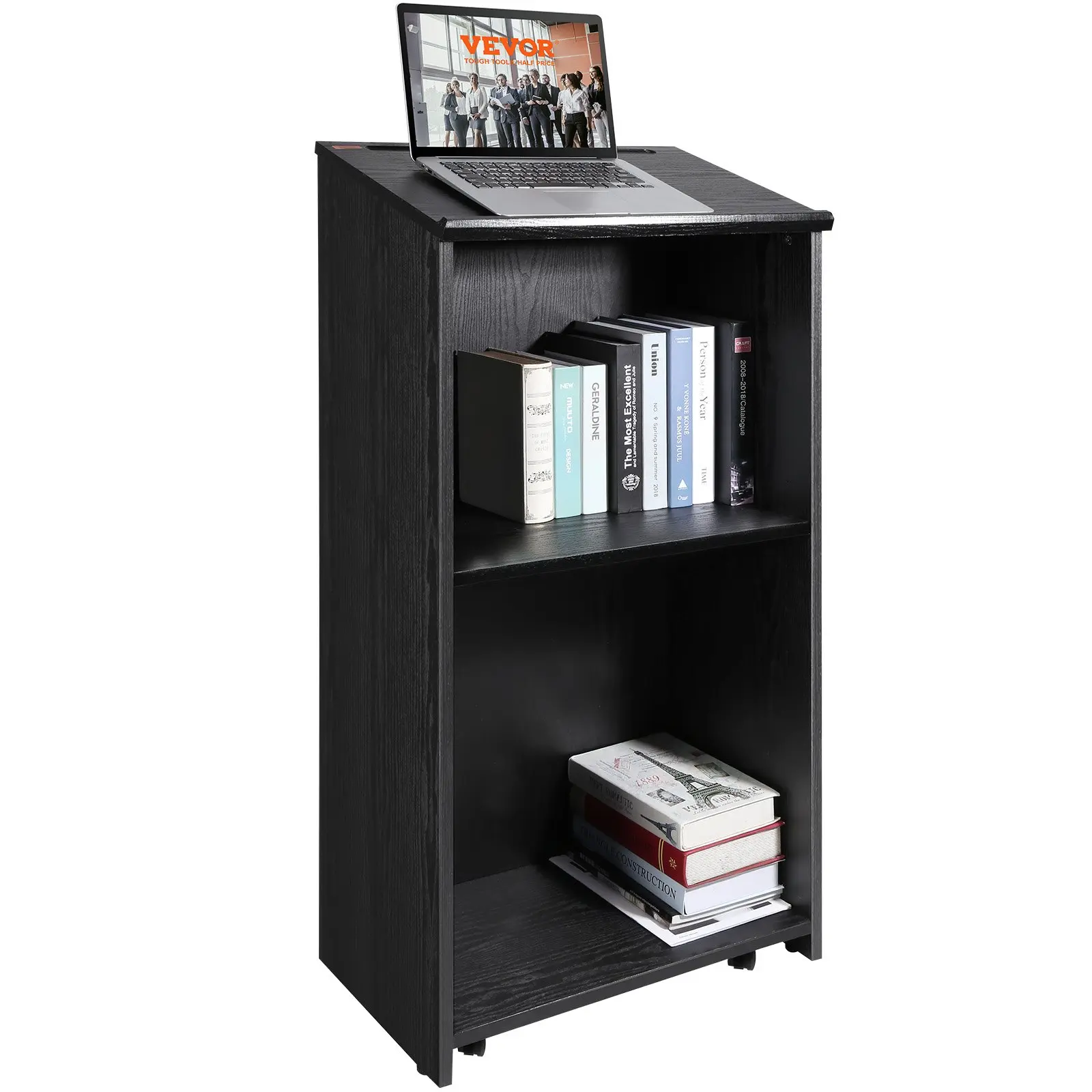 VEVOR Podium Stand, 47 in Hostess Stand with 4 Rolling Wheels, Wood Podium with Storage Shelves, and Slant Desktop, Lecterns Podiums for Church, Office, School, Home, Black