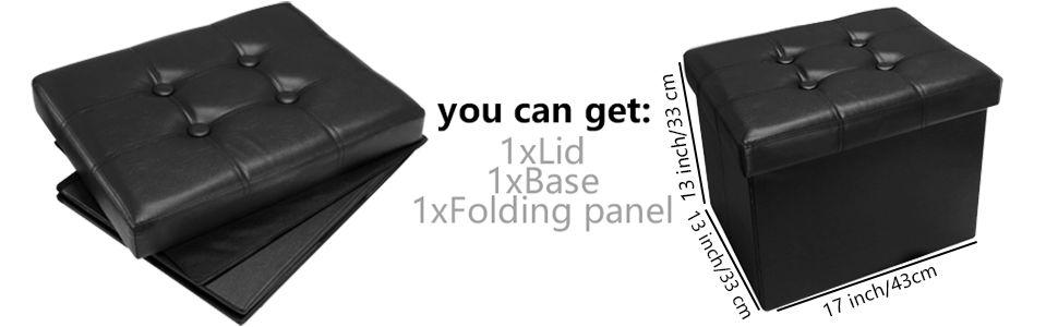 Storage Ottoman Folding Foot Rest Stool, Leather Footstool Bench, Short Ottoman Stool, Storage Foot Rest Store, Books (Black, 17" D x 13" W x 13" H)