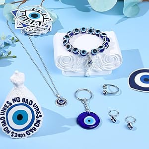 YADOCA 12/15Pcs Evil Eye Necklace, Bracelet, Earring, Ring, Keychain Hamsa Hand Pendant - Turkish Protection Jewelry Set with 50Pcs Evil Eye Stickers YADOCA 12/15Pcs Evil Eye Necklace, Bracelet, Earring, Ring, Keychain Hamsa Hand Pendant - Turkish Protection Jewelry Set with 50Pcs Evil Eye Stickers