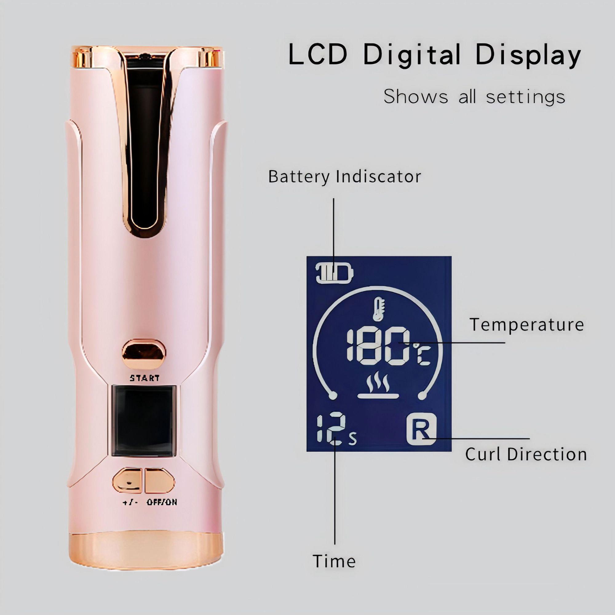 Cordless Hair Curler, Portable Automatic Wireless Hair Curler, Curling Iron with 6 Temperatures and 6 Timer Setting, Professional Hair Styling Tool for Home & Salon Use, Automatic Hair Curler