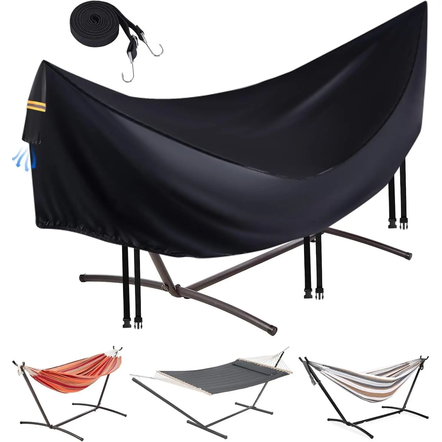 Hammock Covers for Outdoor Waterproof, Durable 420D Hammock Cover for 12 ft Hammock Stand, Windproof 3 Buckles & 1 Elastic Cord, Airy Vent,Reflective handle,All Weather Protection Hammock Rain Cover
