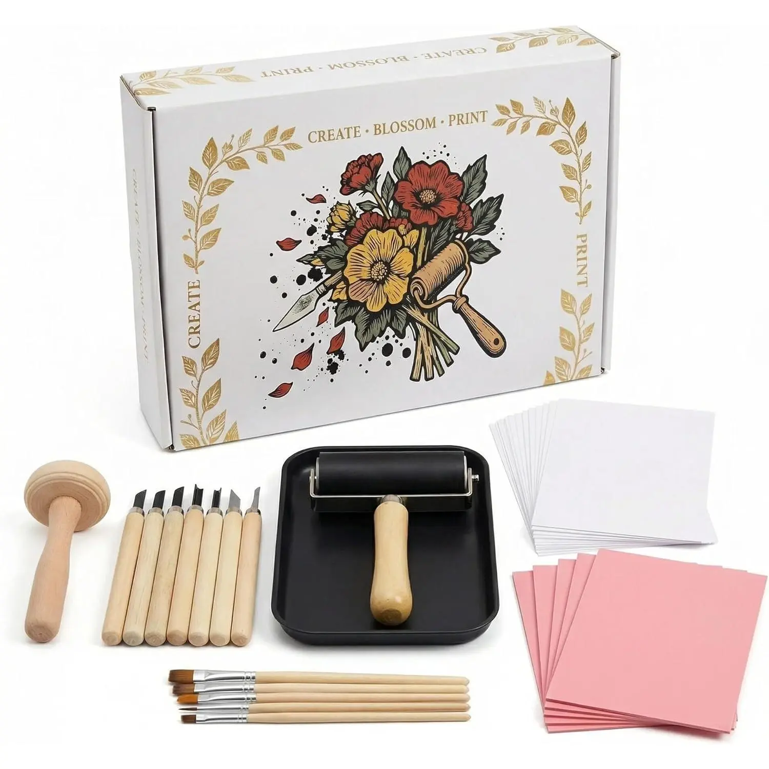 Complete Linocut Kit for Beginners and Adults - Block Printing Supplies for All Skill Levels with 5 Carving Tools, Brayer, and 5 4x6 Inch Linoleum Blocks for DIY Stamp Making & Classroom Art Activities, School, Studio, 4×6 Inch, Art Students, Complete Kit