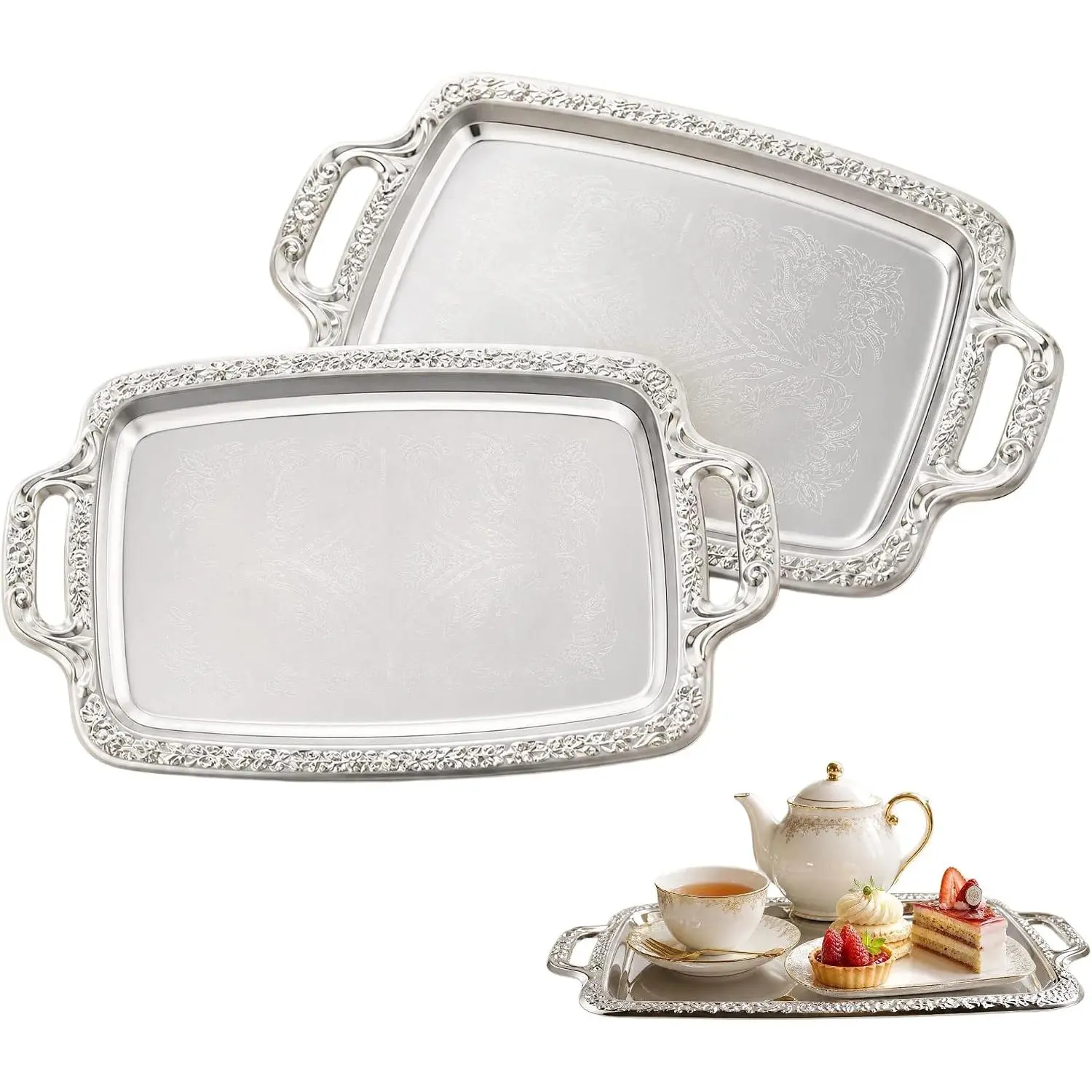 2 Pack Silver Serving Trays with Handles, Floral Engraved Polished Metal Platters, Multipurpose Decorative Tray for Food Serving Jewelry Cosmetics Home Party Decor