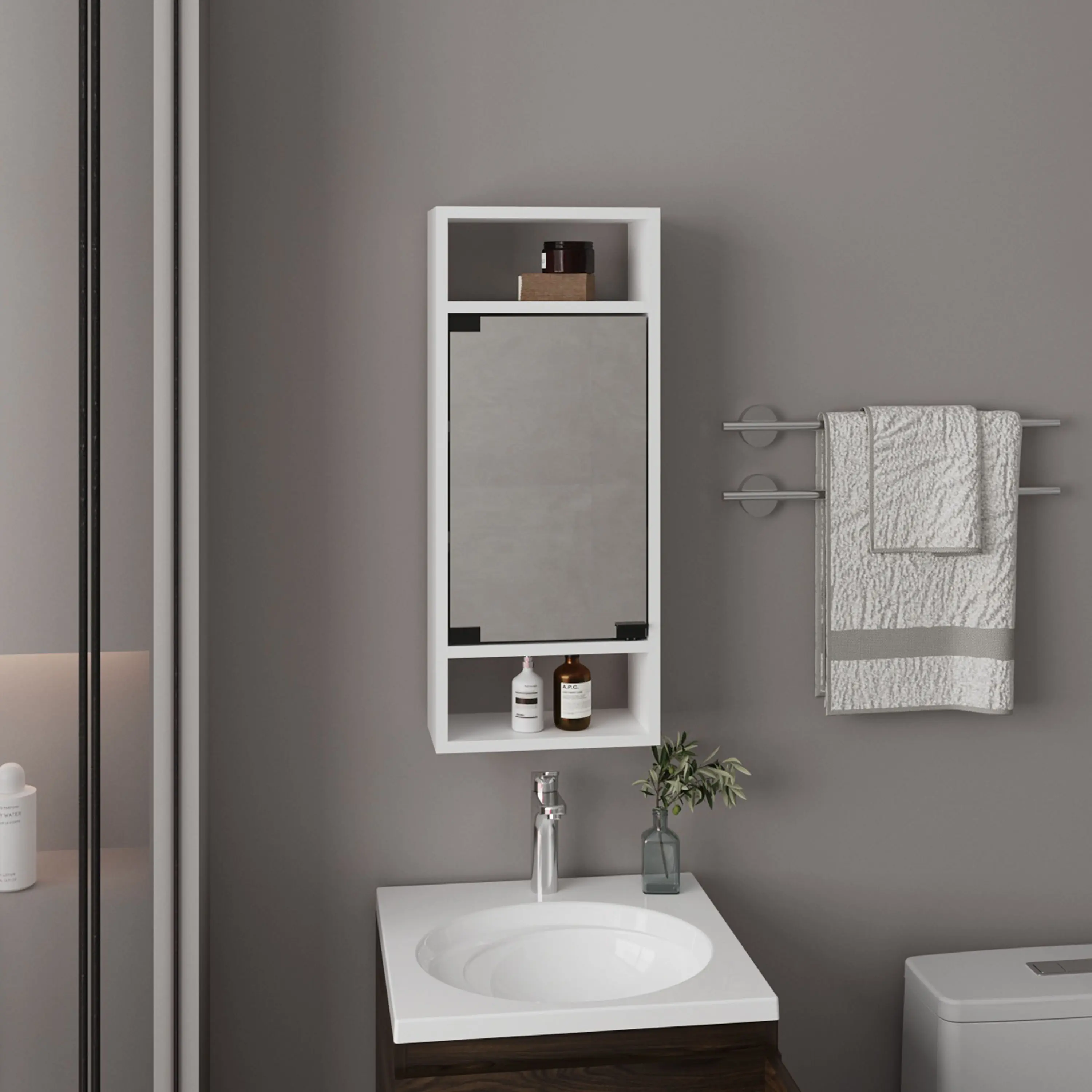 Nokaa Medicine Cabinet with Mirror, 1 Door 5 Shelves Wall Mounted Bathroom Storage, White Engineered Wood, Compact Organizer for Toiletries, Easy Clean, Ready to Assemble, 28.3x11.8x5.9 Inches