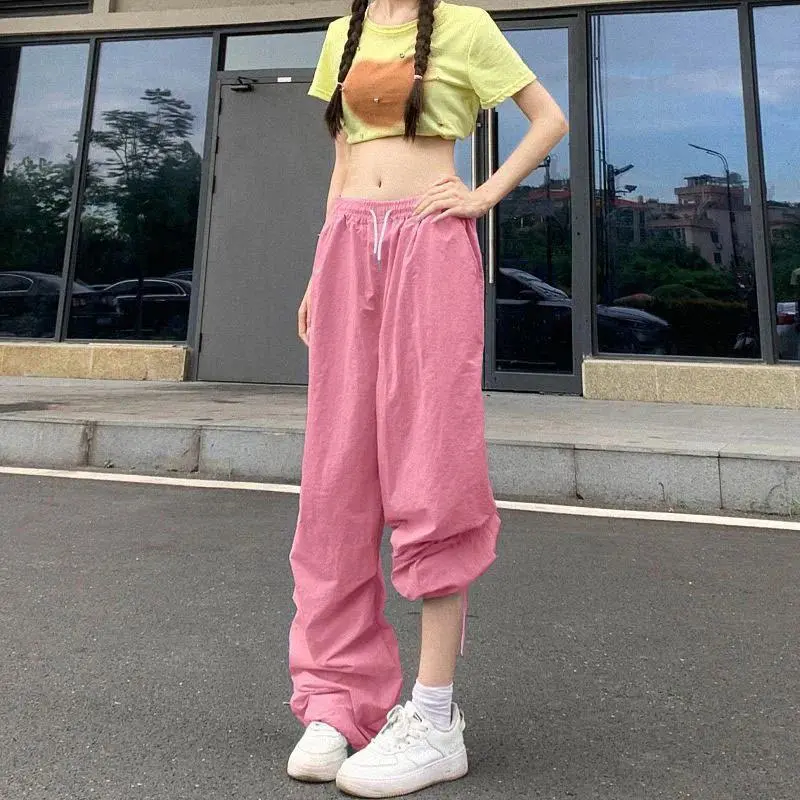 2025 Summer New Thin Parachute Pants Women Streetwear Drawstring   Cargo Pants Woman Elastic Waist Baggy Wide Leg Sweatpants