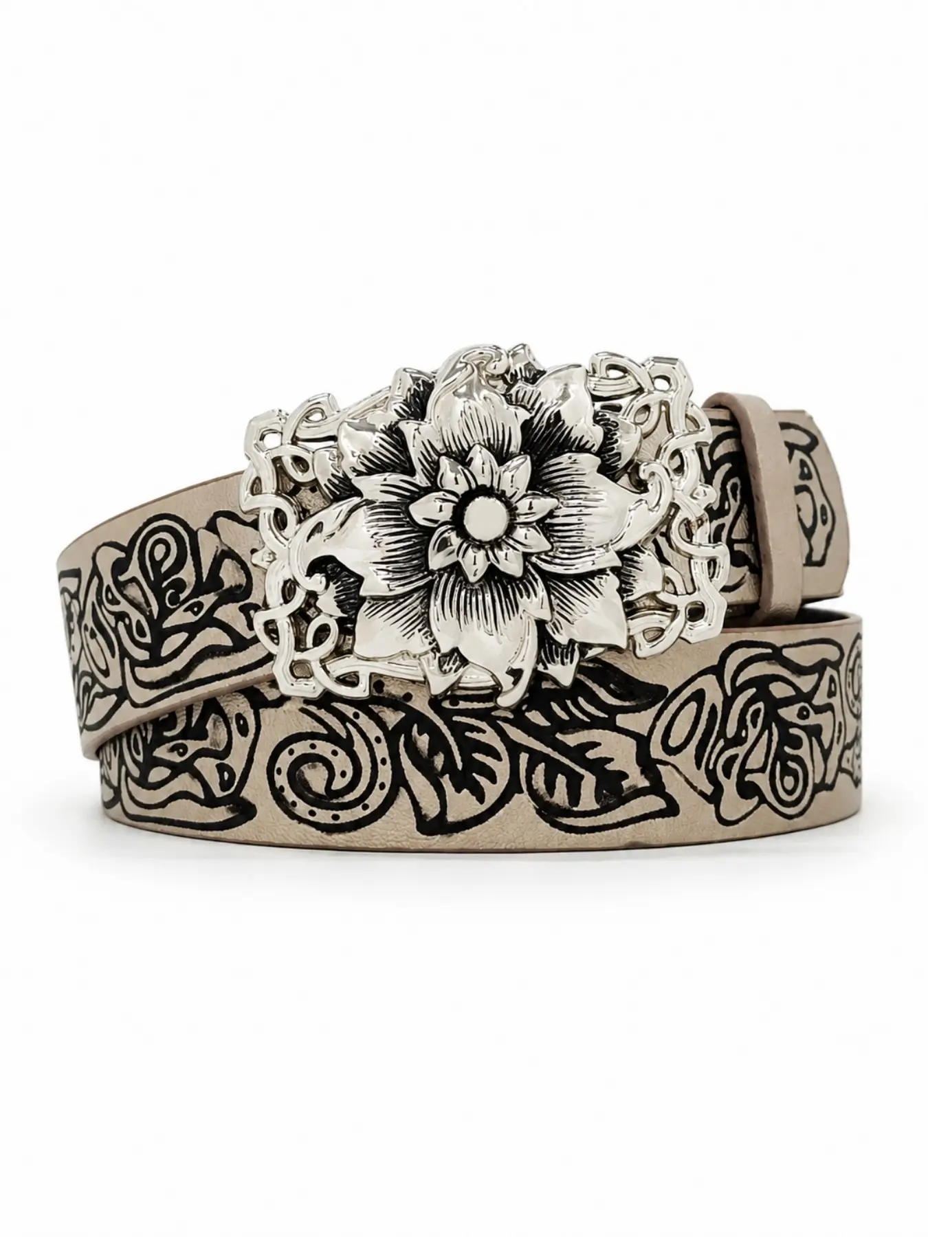 Vintage Floral Embossed Belt with Metal Buckle, Western Style High-End Streetwear, Cowboy Waist Belt, Western Belts, Unique PU Leather Belt for All Seasons
