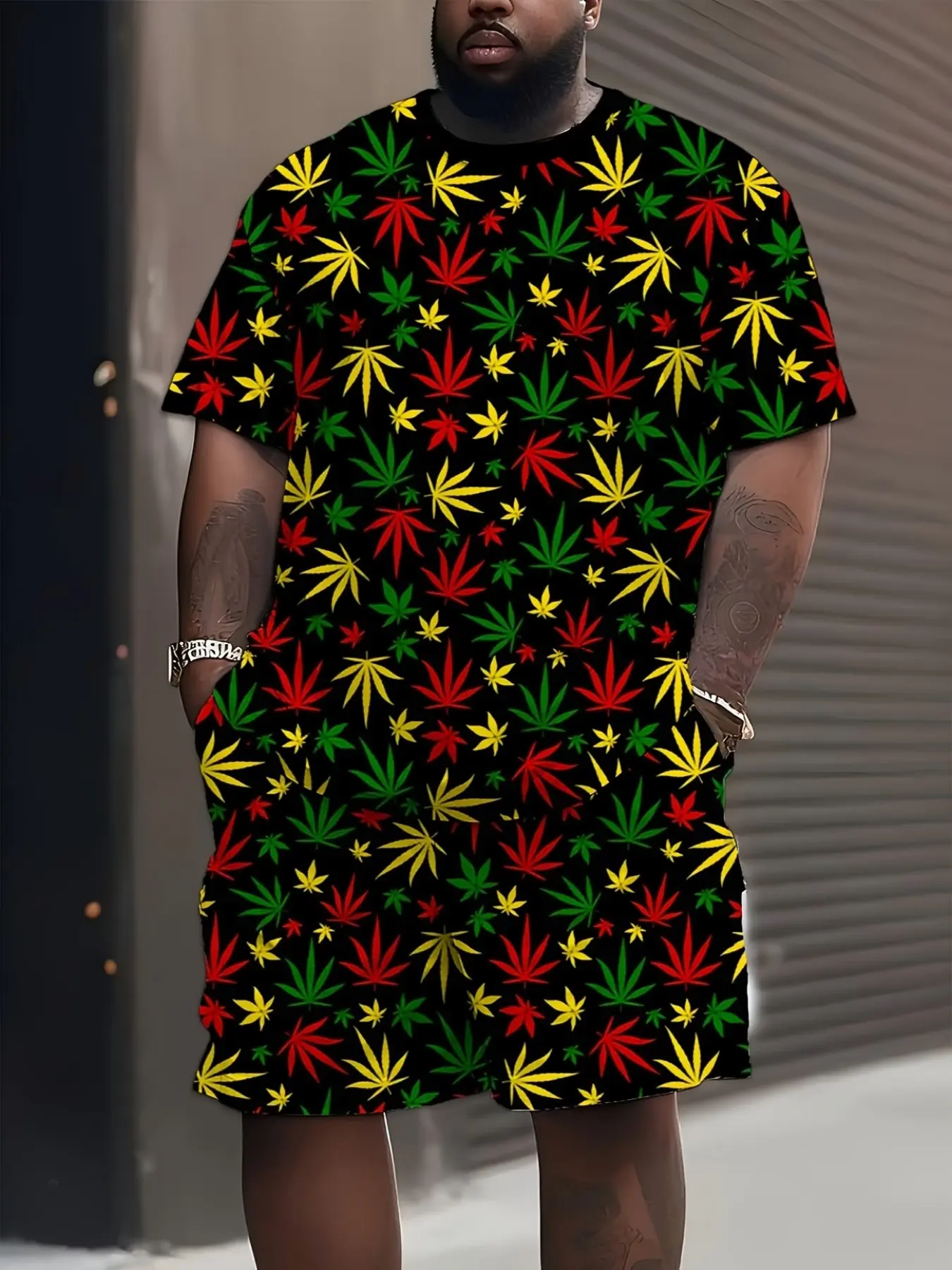 Men's Rasta Style Tropical Leaf Print Set, Base with Colors, Short Sleeve Tee and Shorts, Casual Loose Fit, Matching