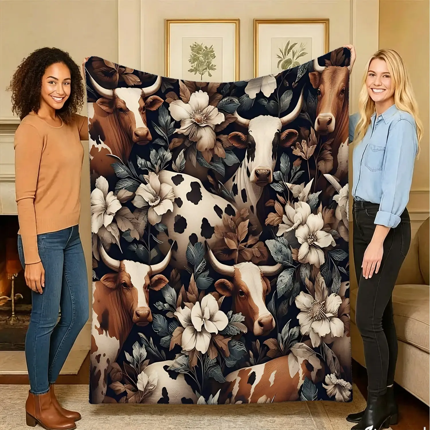 Dark Background Vintage Dairy Cow White Bloom Floral Leaves All Over Print Throw Blanket, Farmhouse Country Sofa Throw & Soft Bed Blanket, Moody Rustic Farm Bedroom Decor