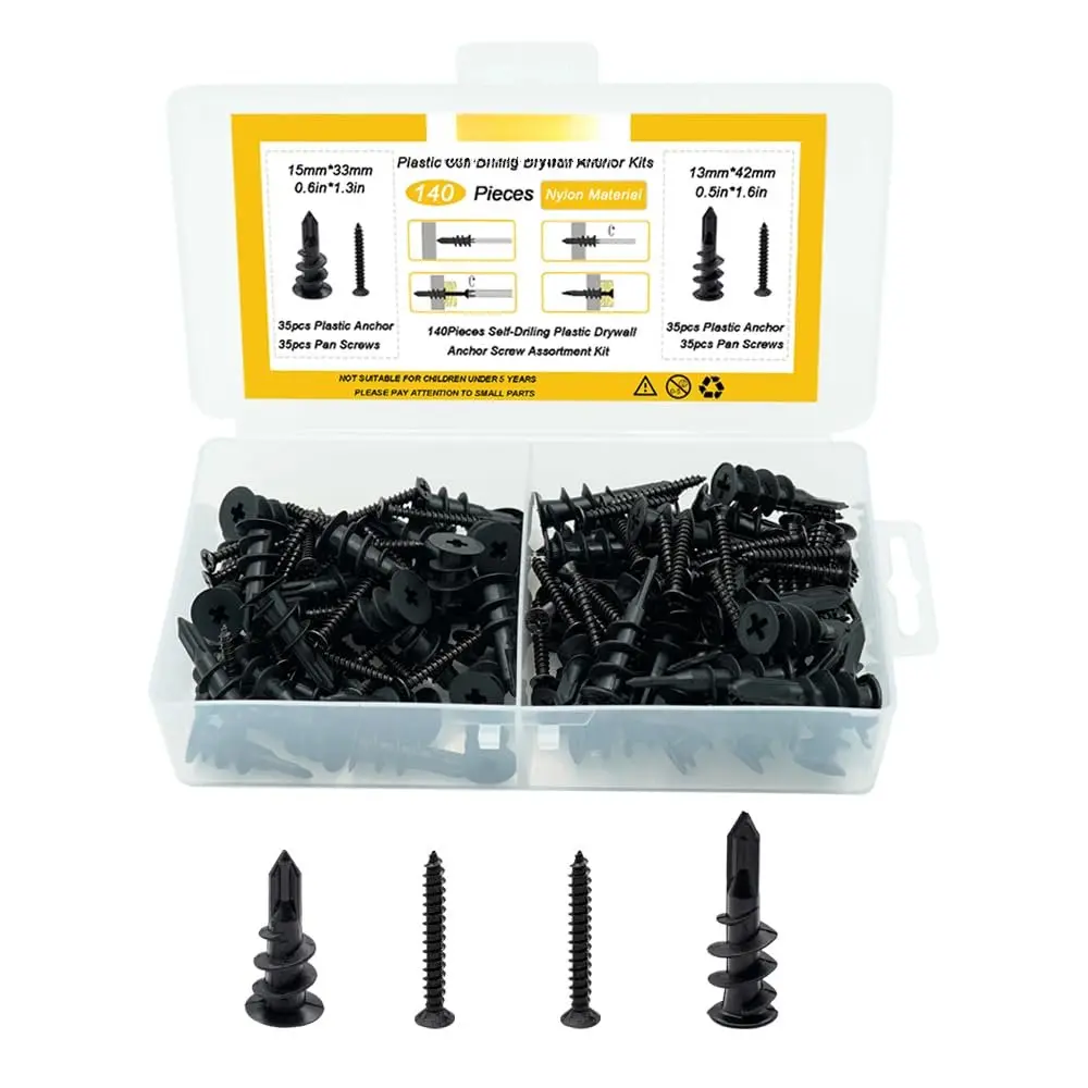 2 Sizes Self Drilling Drywall Plastic Anchors with Black  Flat  Screws kit 140 count, Self Tapping Sheetrock Anchors  and Mounting 50-75lbs