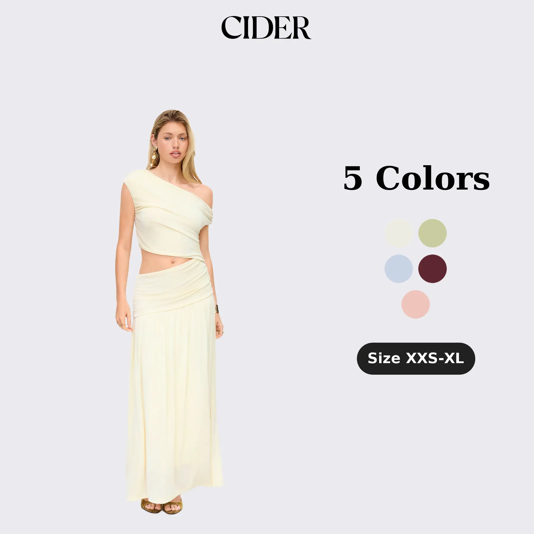Cider Asymmetrical Neck Ruched Waist Cutout High Stretch Bodycon Maxi Dress SohoChic