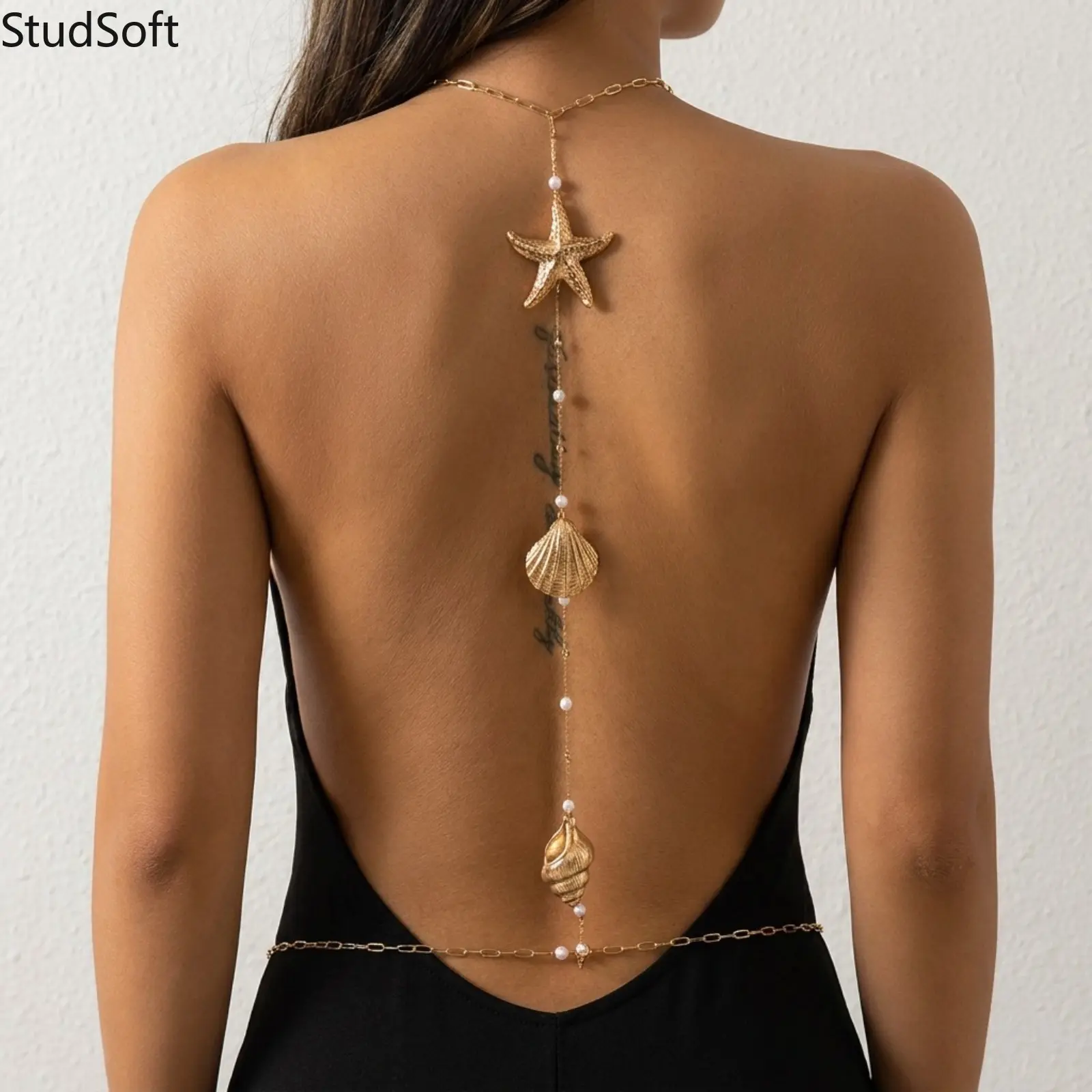 Women's Nautical Simple Body Jewelry Set, Gold Adjustable Ocean Starfish Back Body Chain, Shell Pearl Choker, High-Quality Beach Bikini Accessory Gift, Female