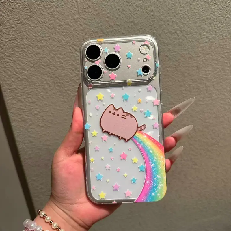 P.usheen Rainbow Trail Style | Flying Cat & Pastel Glitter Stars Graphic | Cute Kawaii Pastel Aesthetic Phone Shell | for iPhone 17/16/15/14/13/12/11ProMax Plus for Samsung phones, suitable for both men and women, Perfect Gift for Women Men.A gift for the