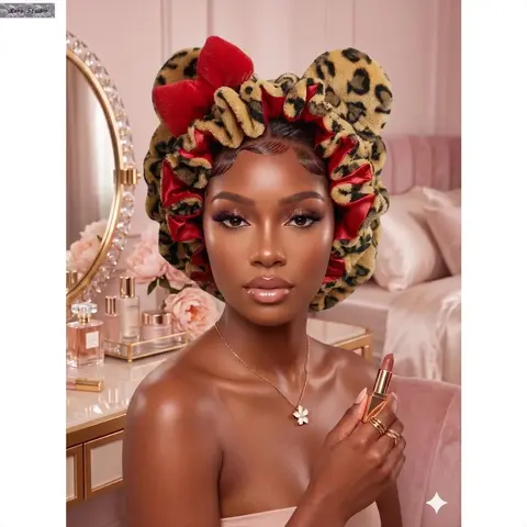 Women’s Haircare Sleep Cap, Hooded Teddy Pink Leopard Print Soft Water-Resistant Nightcap for Curly & Natural Hair, Dry Hair Cap for Sleeping & Travel