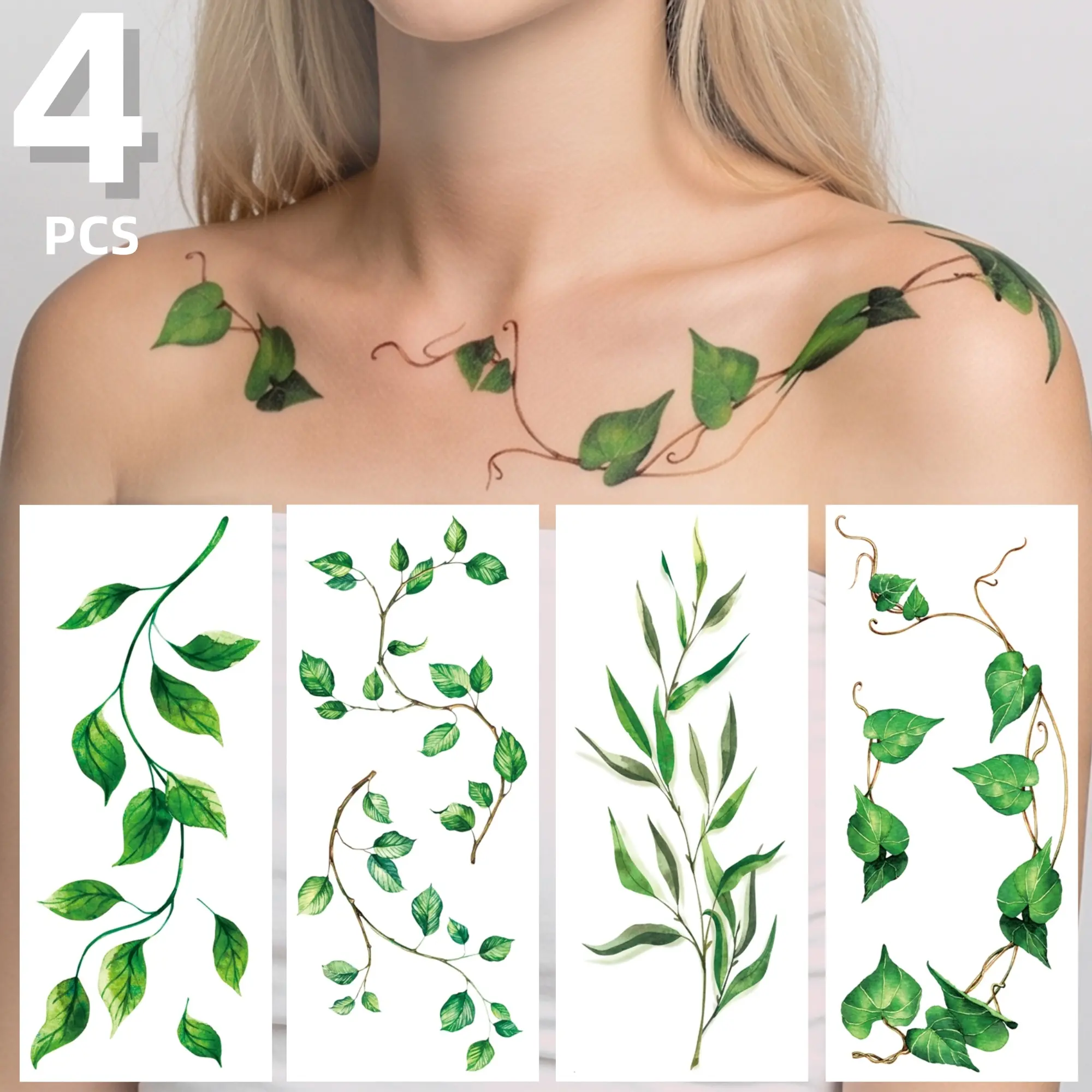 4 Sheets Leaf & Vine Temporary Tattoo Stickers for Women, Waterproof Fake Tattoos for Large‑Area Body Art on Arms, Chest, Back, Perfect for Music Festival, Cosplay, Party & Holiday Decorations