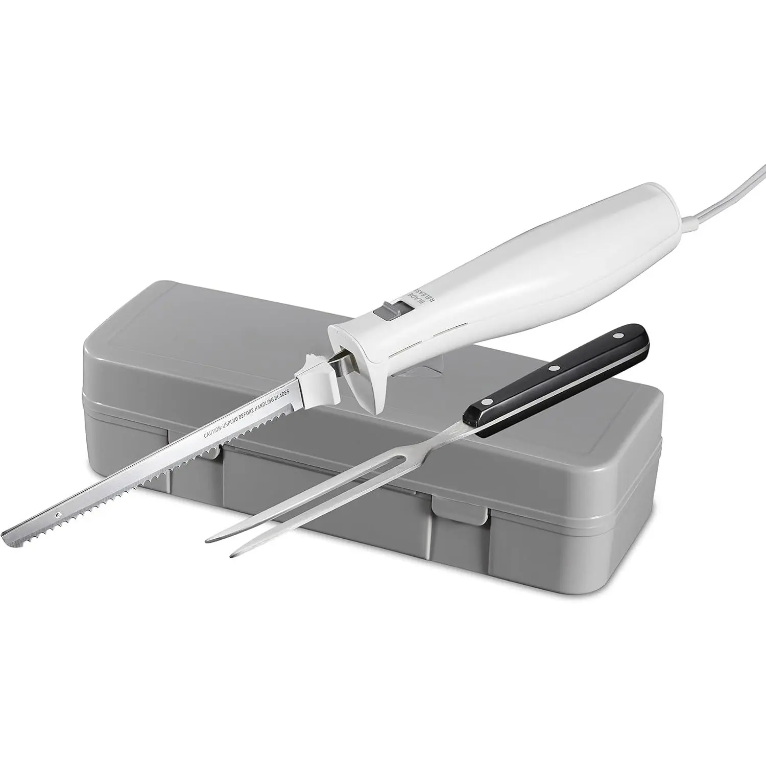 Electric Knife Set for Carving Meats, Poultry, Bread, Crafting Foam & More, Reciprocating Serrated Stainless Steel Blades, Ergonomic Design Storage Case + Fork Included, 5 Foot Cord