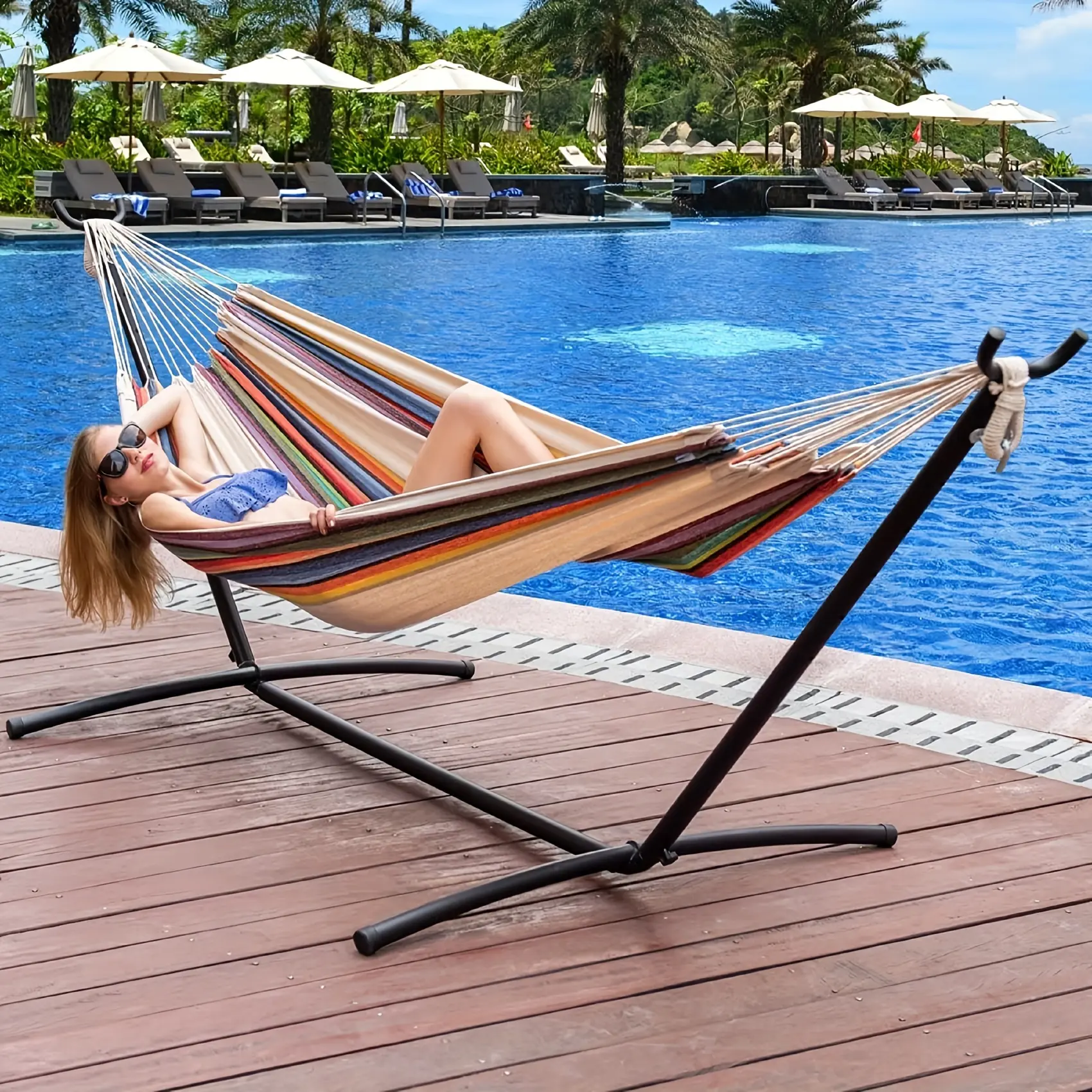 Lazy Daze Heavy-Duty Double Hammock with Steel Stand, Durable Fabric with Reinforced Stitching, 450 lbs Capacity, Space-Saving Compact Design, Portable with Wheels & Carry Case & Head Pillow, No Assembly Required, Blue, for Camping Patio Balcony Backyard