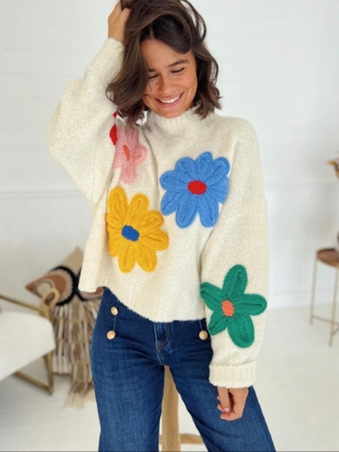 Plus Size Colorblock Floral Embroidered Drop Shoulder Sweater Pullover Knitwear, Casual Long Sleeve Mock Neck Jumper for Fall & Winter, Women's Plus Clothing for Daily Wear