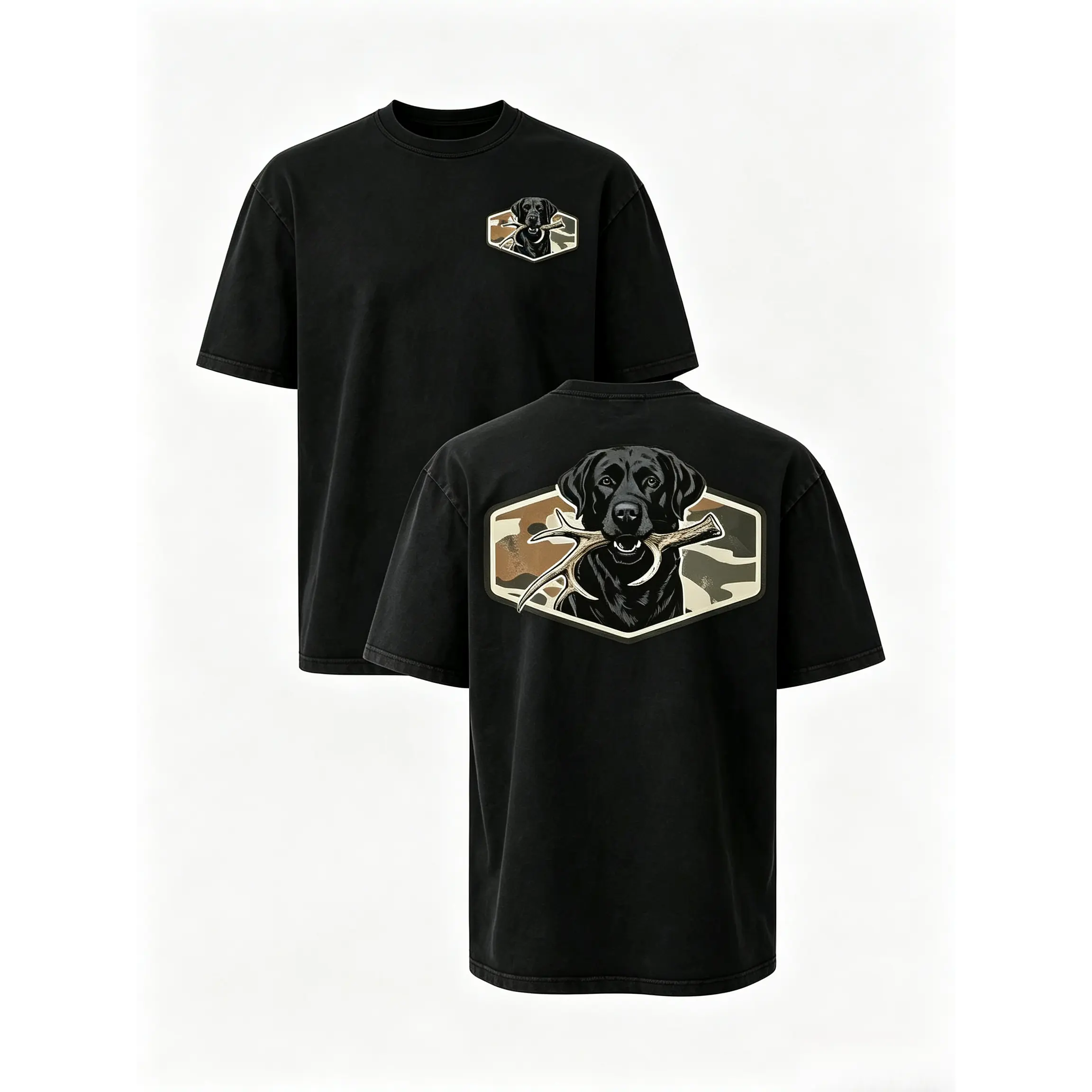 Black Lab Antler Camo Graphic Tee – Vintage Mineral Washed Oversized Hunting T-Shirt, Southern Country Streetwear