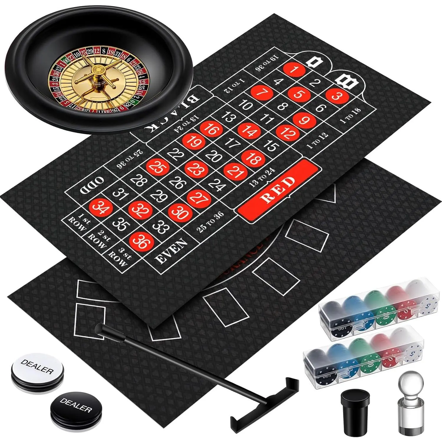 Roulette Wheel Set Include 10 Inch Roulette Wheel, Double Sided Felt, 200 Chips, Chip Rake, Acrylic Marker, Dealer Poker Button for Casino Game Blackjack Night Party Holidays (Black)
