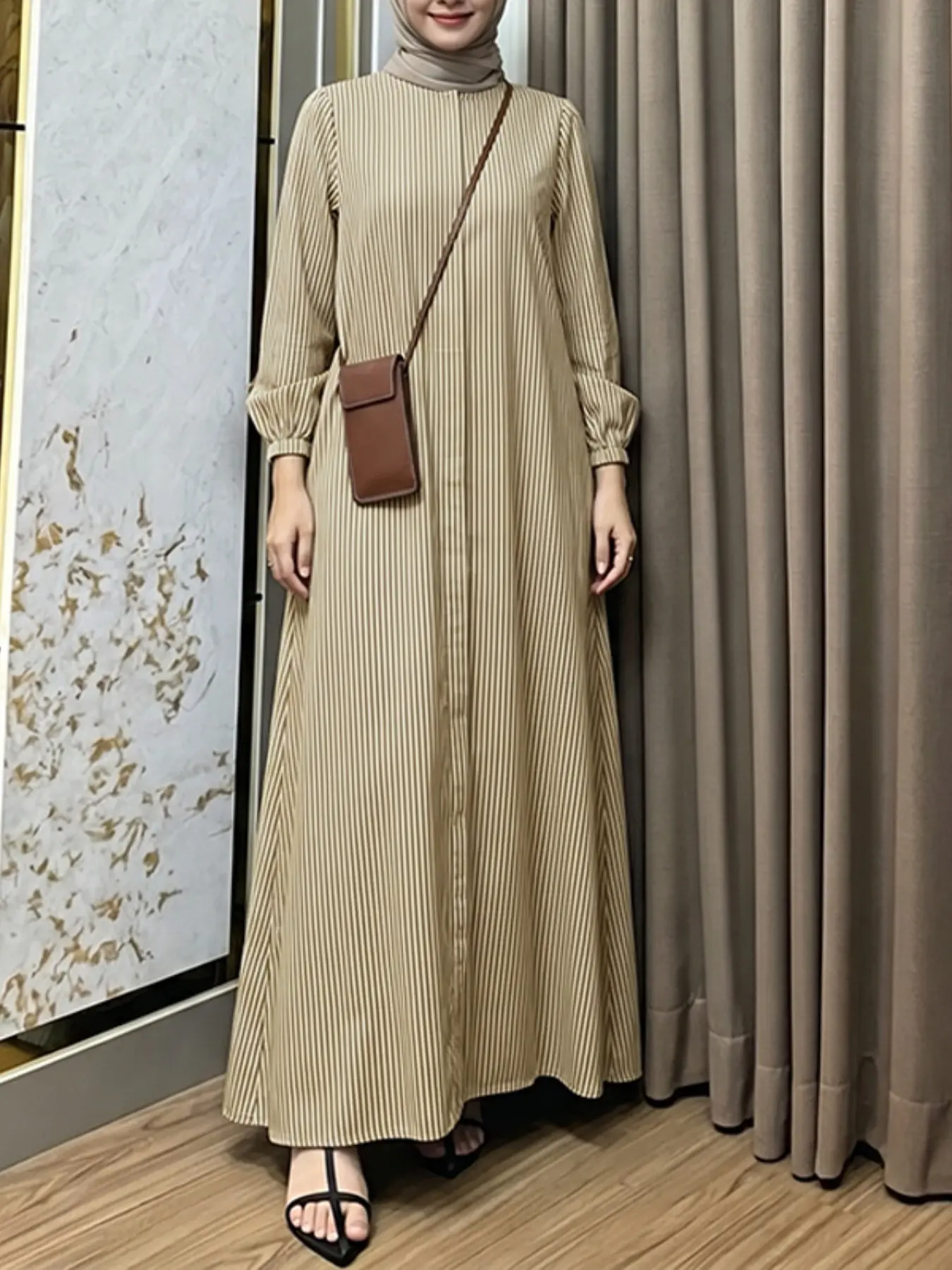 Women's Striped Loose Long Sleeve Dress, Casual H-Type Silhouette, Perfect for Daily Wear, Spring & Fall Fashion, Hijabi Cute Dresses, Modest Dresses, Muslim Outfits