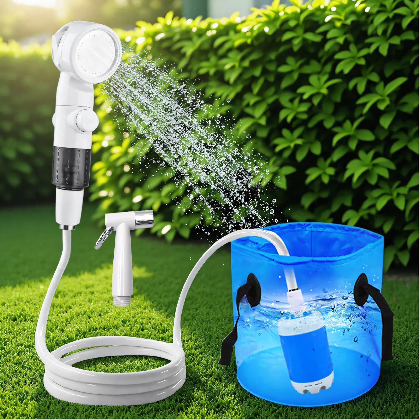 Portable, rechargeable camping shower set with long battery life—includes hose and showerhead; suitable for hiking, travel, car use, and pet washing, as well as a handy tool for watering the garden.