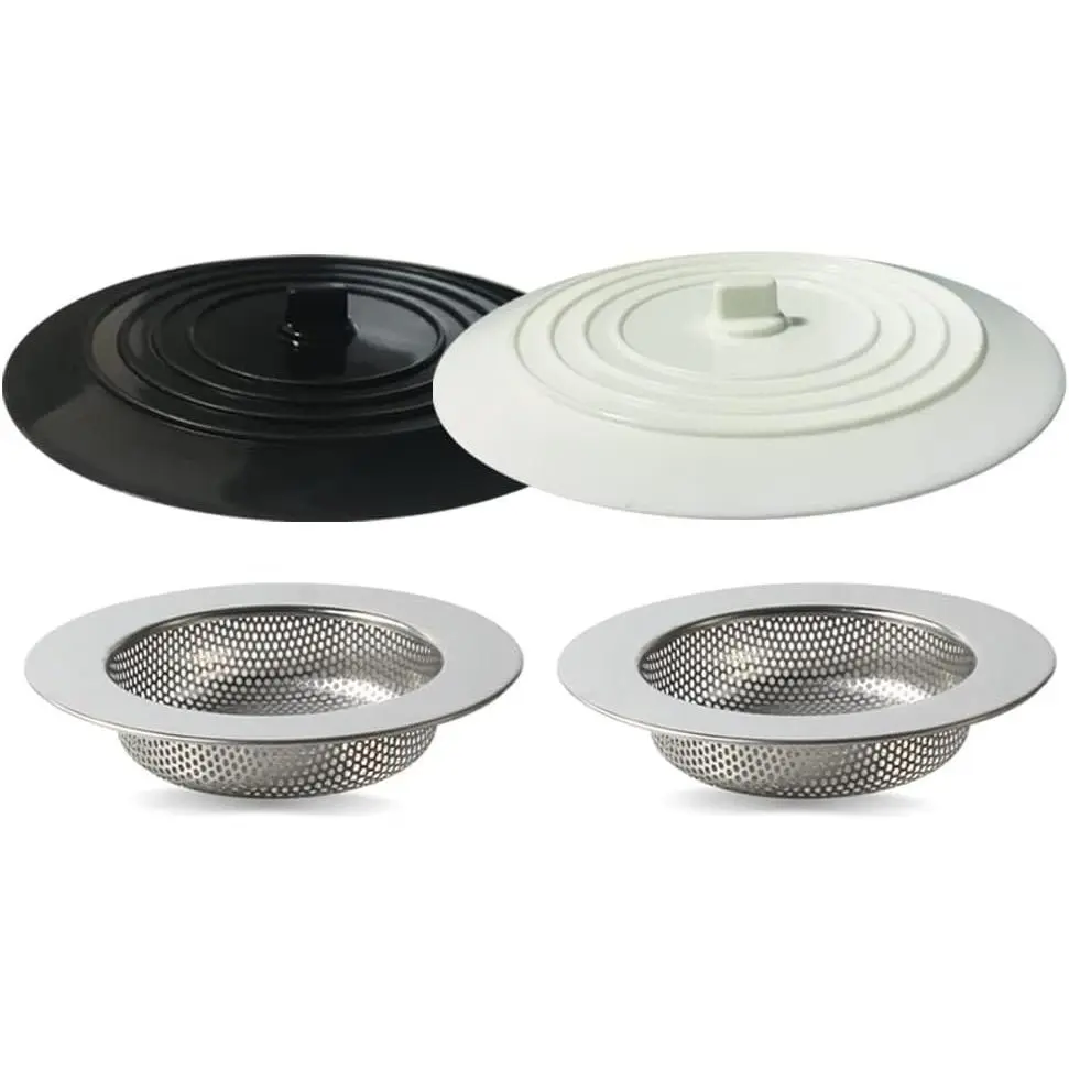 4PCS Kitchen Sink Stopper Strainer, 6 Inch Round Large Silicone Sink Drain Cover Plug, Water Stopper, 4.5 Inch Stainless Steel Sink Strainer, Food Scraps Catcher for Kitchen