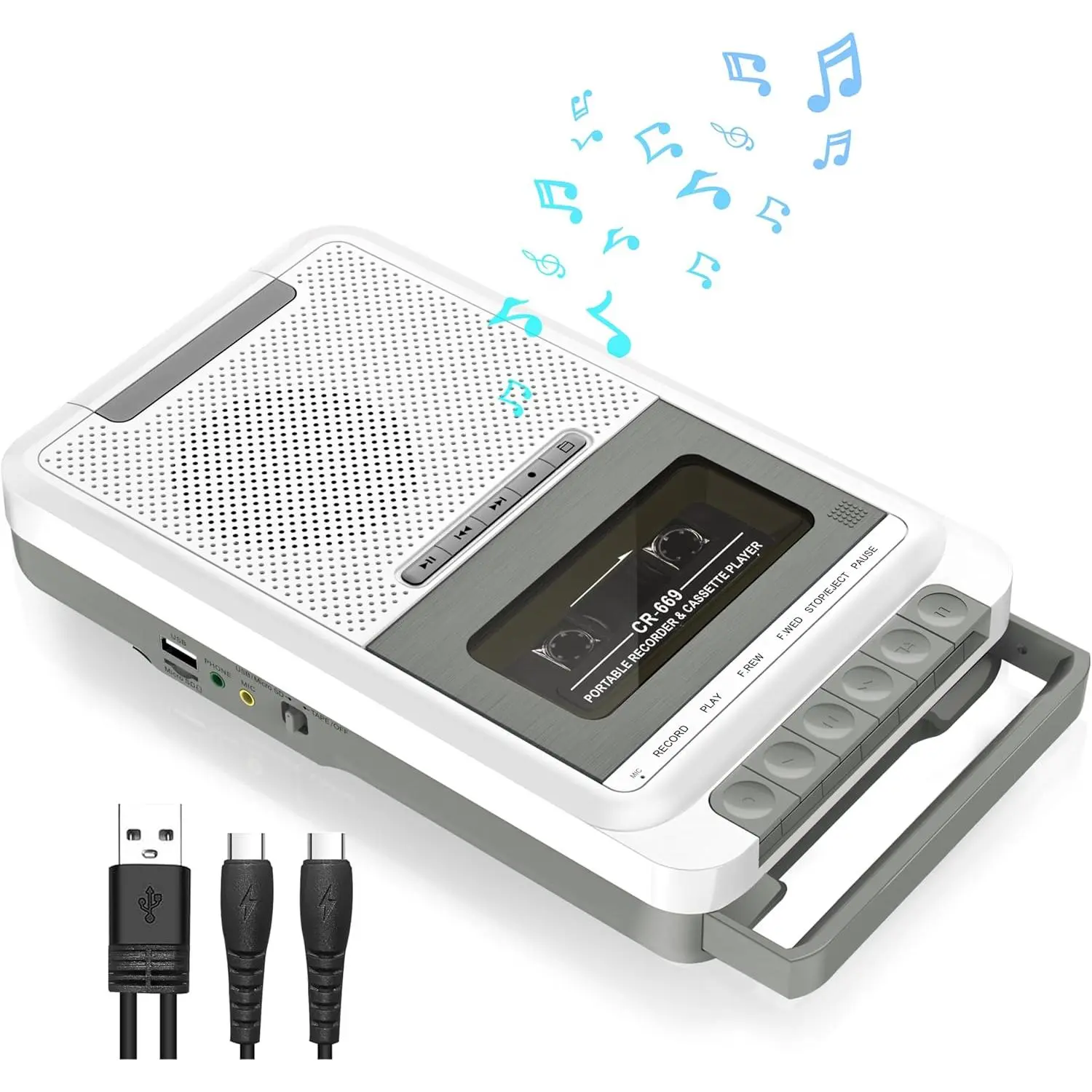 Cassette Player Recorder Converter,Record to Cassettes/USB/SD Card via Mic, Portable Cassette to MP3  via U Disk/SD Card or PC, Cassette Tape Player with Headphone Jack,Retractable Handle (White)