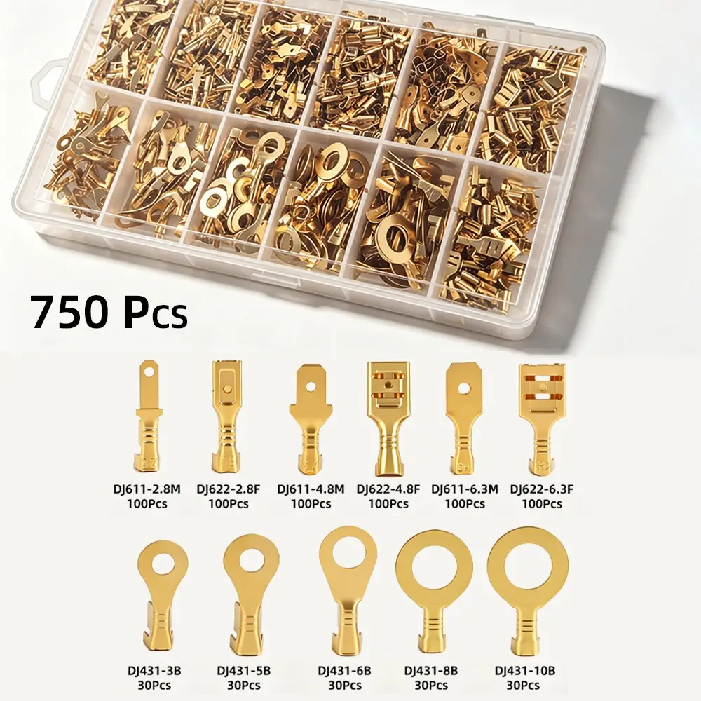 750 Pcs 2.8mm 4.8mm 6.3mm Plug Spring Copper Solderless Crimp Connectors, Wire Terminal Connectors, Female Male Crocodile Clips for Car Audio and Electrical Wiring Kit