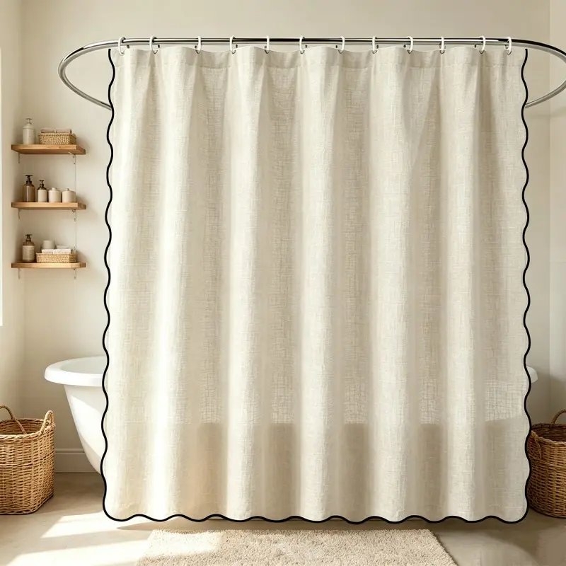 Linen Bath Curtain, Thick Waterproof Privacy Pretty Shower Curtain, Elegant Decorative Bathroom Fabric, Wall Mounted U-Type Rod, Bathroom Curtains
