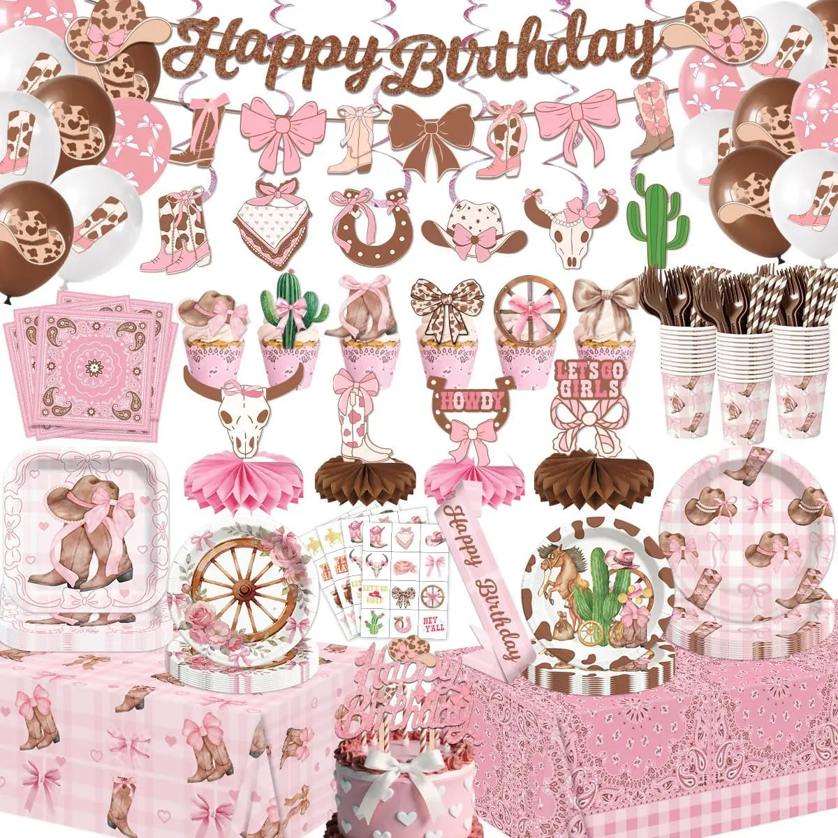 Pink Cowgirl Cartoon Waterproof Plastic Party Supplies Set (210Pcs), Western Disposable Plates-Napkins-Cups, Banner-Balloons-Cake Topper-Bows-Boots Tableware, Serves 26 for Rodeo Birthday Party Gifts, Water Proof, Rodeo Theme