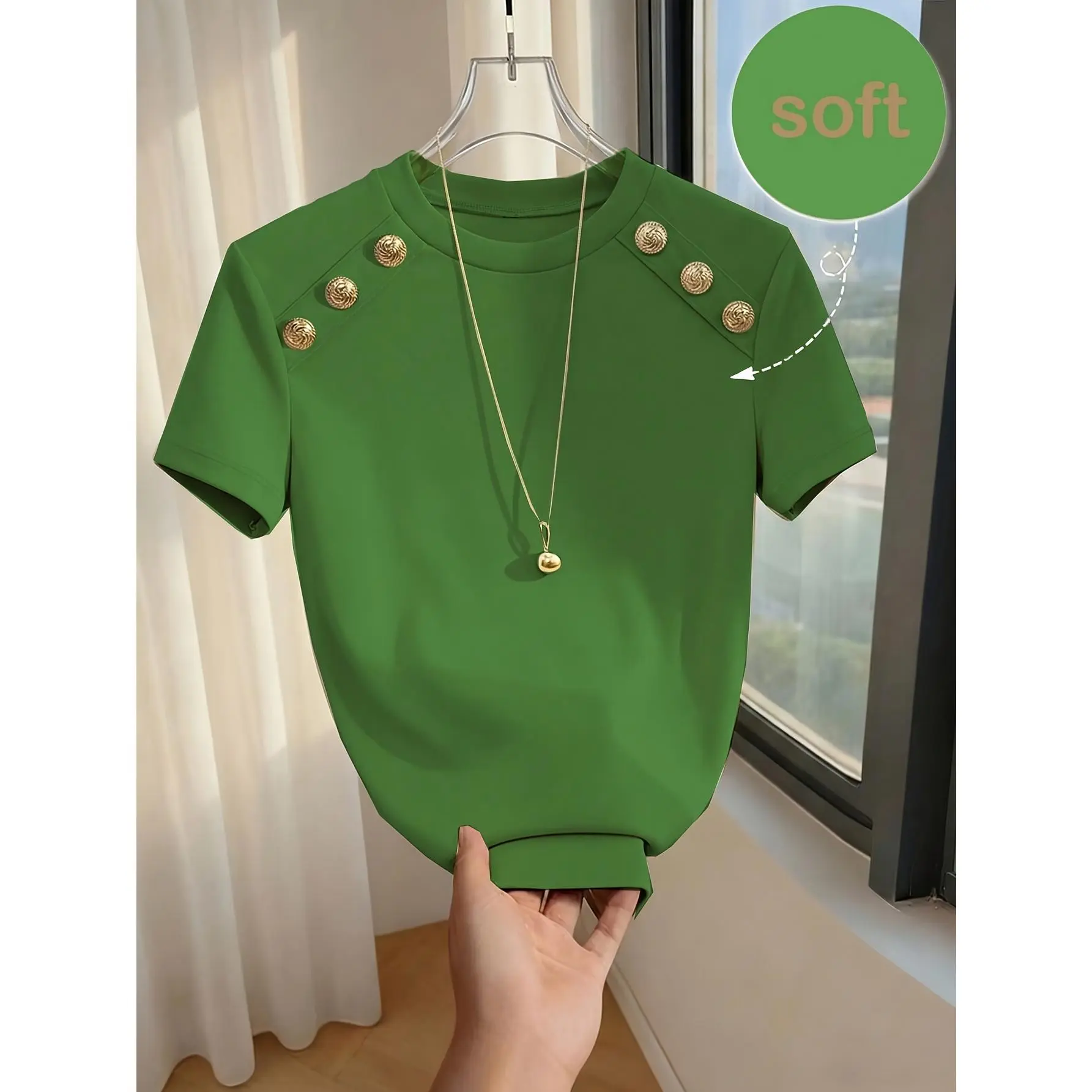 Women’s Decorative Button Short‑Sleeve Top‑ Round‑Neck Casual Silhouette For Everyday‑Wear Wardrobe Staples