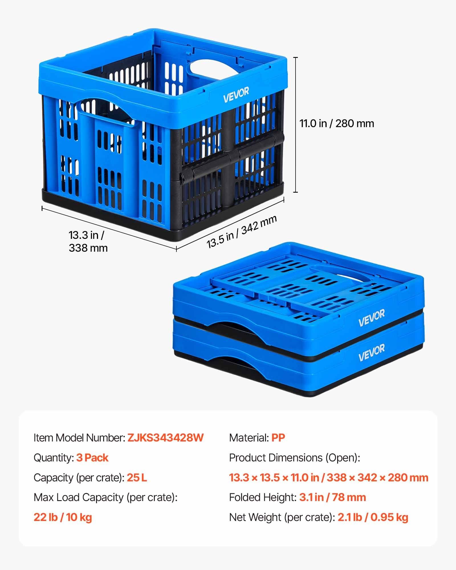 VEVOR Plastic Collapsible Storage Bins, 25L 3 Packs, Stackable Folding Storage Crates with Handles, Holds 22 lbs Per Bin, Foldable Heavy Duty Containers, Space-Saving Baskets, for Home Organizing