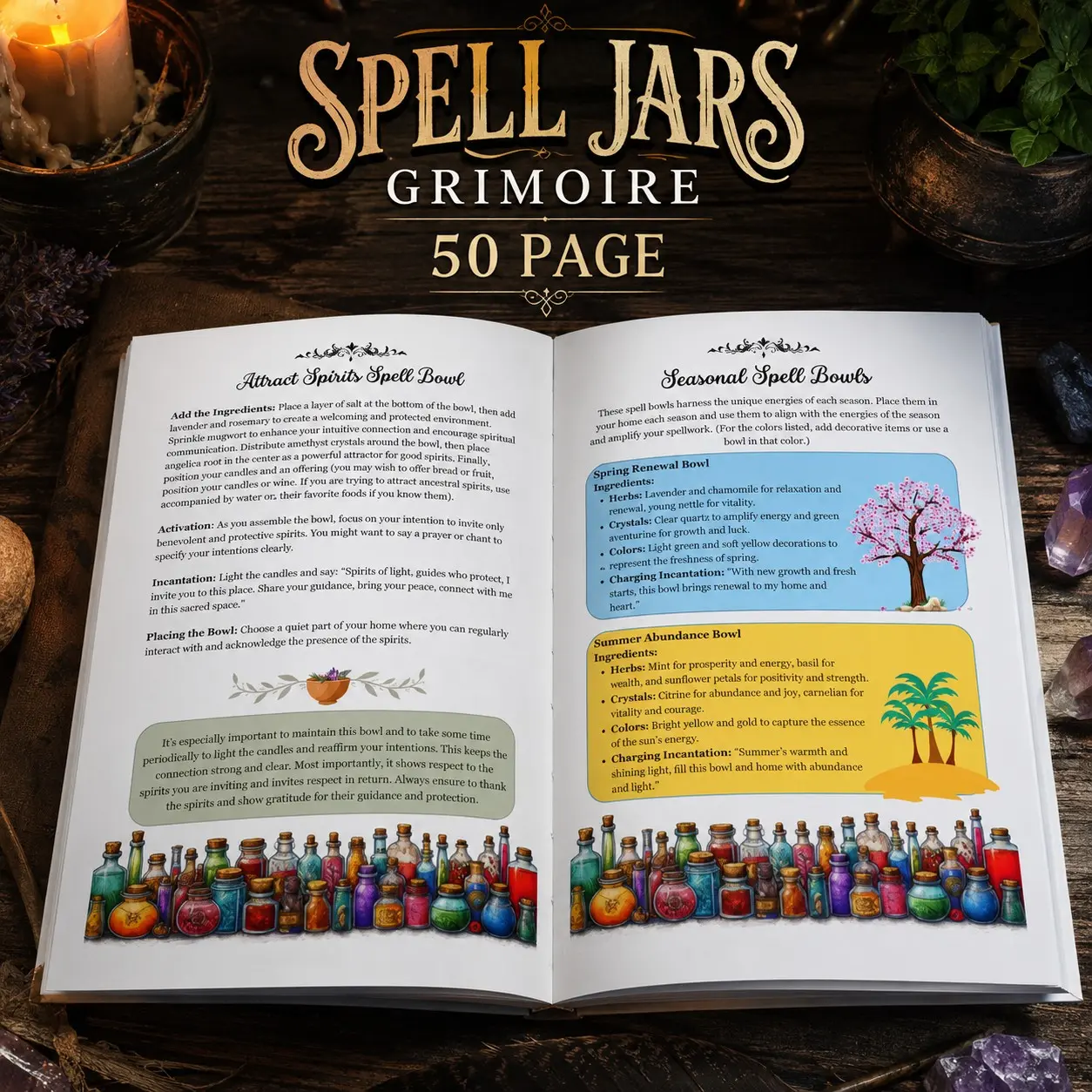 Spell Jars Grimoire Printed 50 Page Book of Shadows Pages Advanced Practices With Spell Jar And Spell Bowl Recipes Moon Phase Magic Sigil Guide Witch Bottle History Container Ingredients Sealing Potency Ritual Journal For Witchcraft Altar