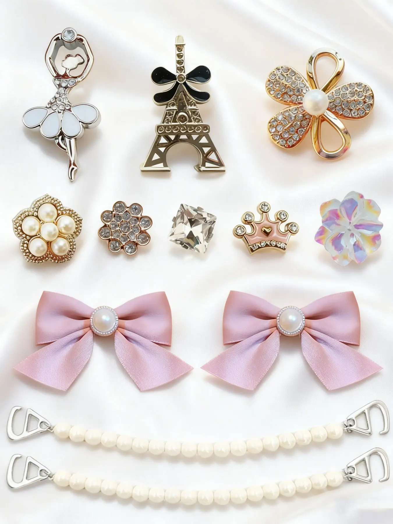 12 Piece Set Girl Style Bow Crown Resin Shoe Buckles, Flower Shape Chain DIY Holey Shoes Decorative Accessories Kit