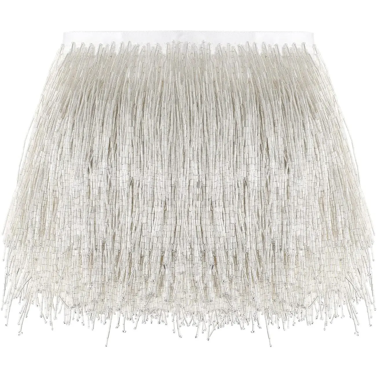 1 Yard Beaded Fringe Trim - 6in Wide Glass Beaded Fringe for Dress Clothing and DIY Crafts (Silver)